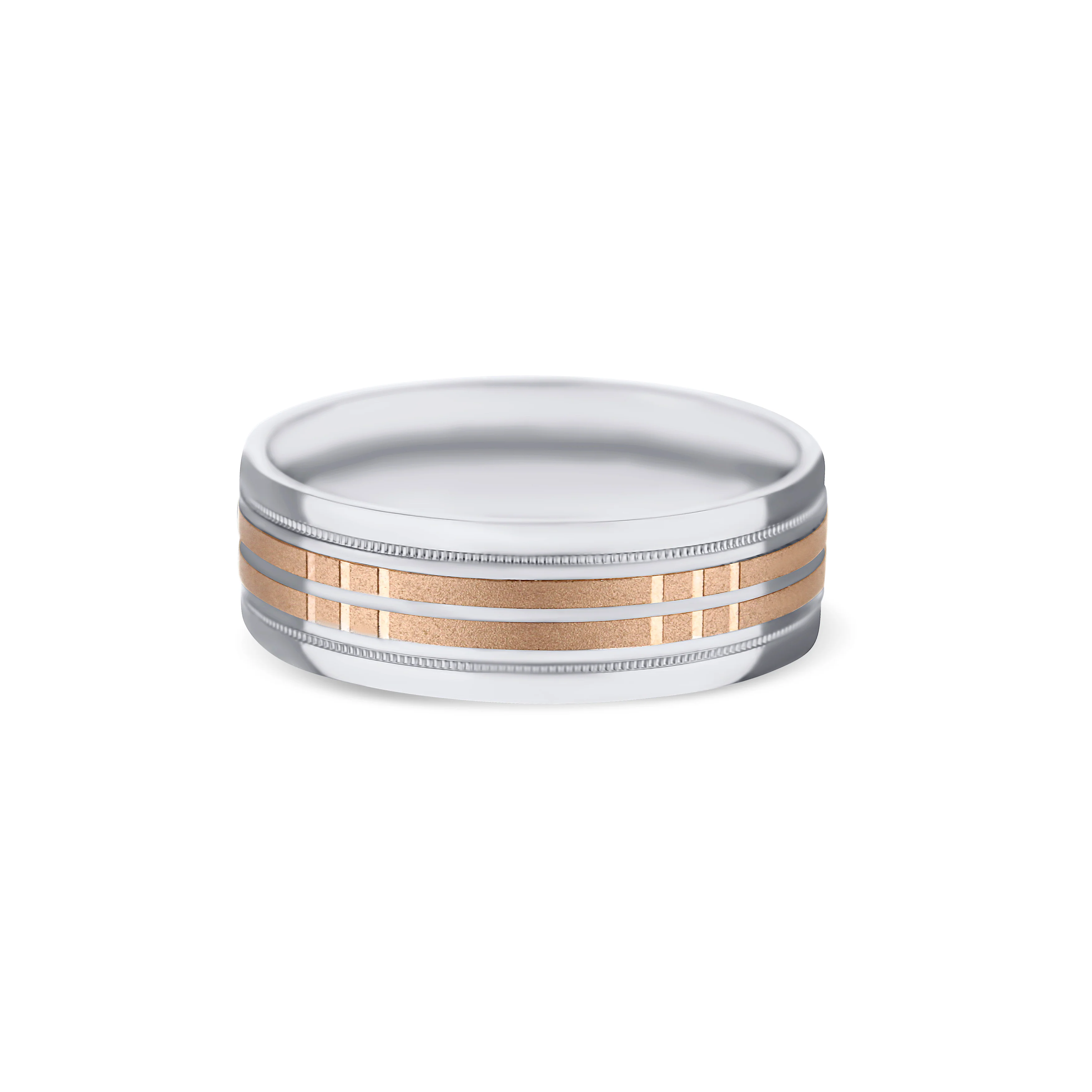 14K White Gold and 14K Rose Gold Carved Round Edge Wedding Band 7mm - Image 2
