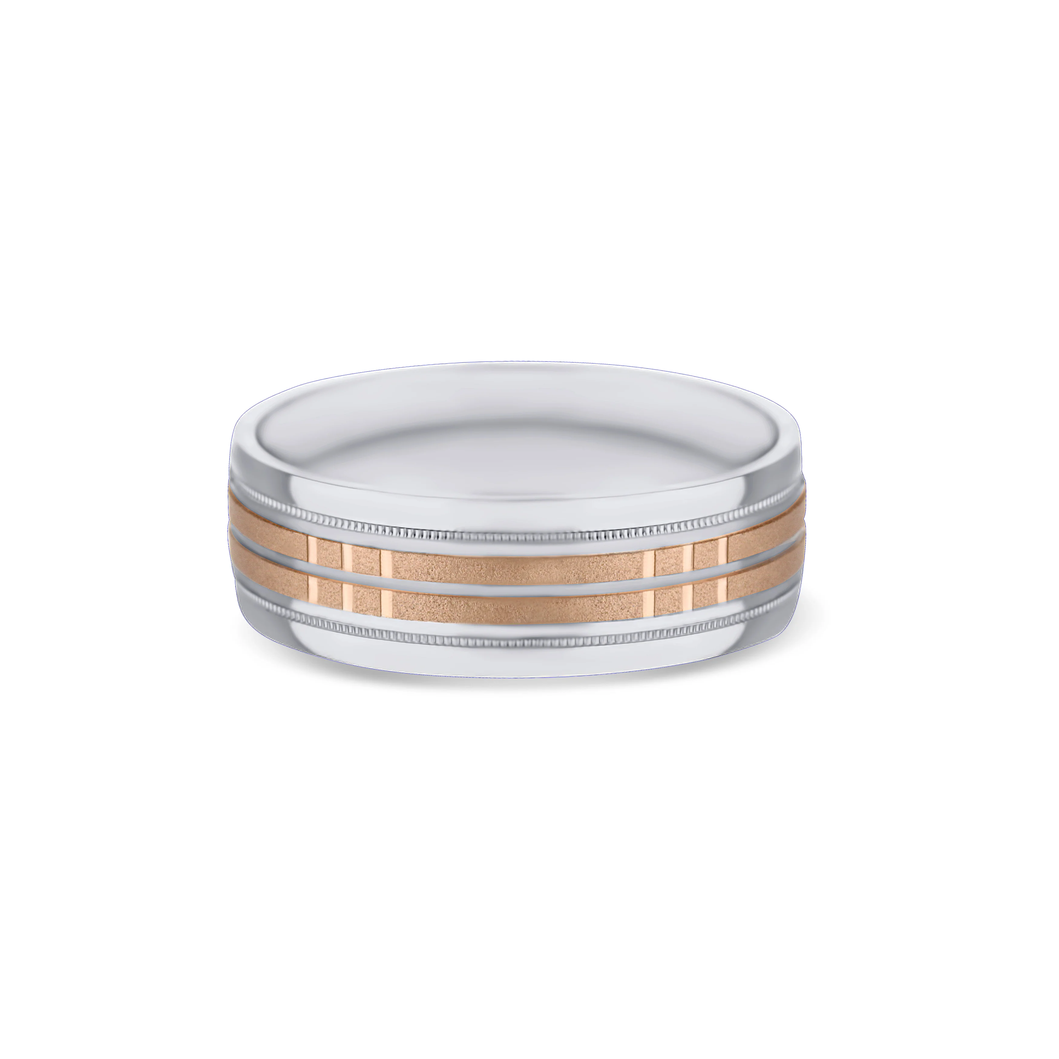 14K White Gold and 14K Rose Gold Carved Round Edge Wedding Band 7mm - Image 3
