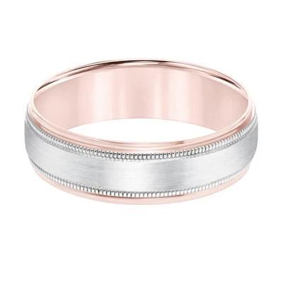 14K White Gold and 14K Rose Gold Milgrain Accent Milgrain Center Brushed Finish Wedding Band 6mm - Image 2