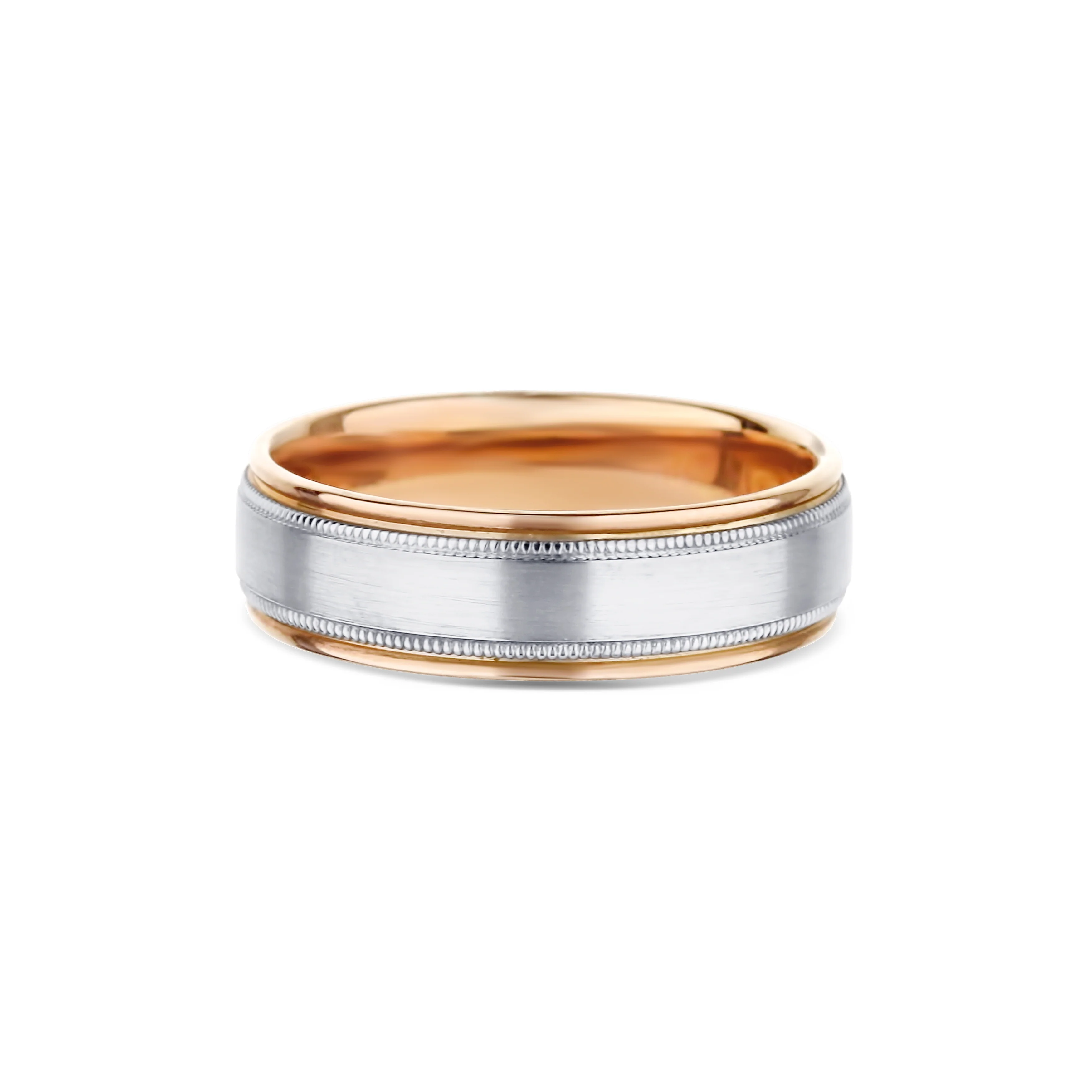 14K White Gold and 14K Rose Gold Milgrain Accent Milgrain Satin Finish Round Edge Wedding Band 6.5mm - Image 2