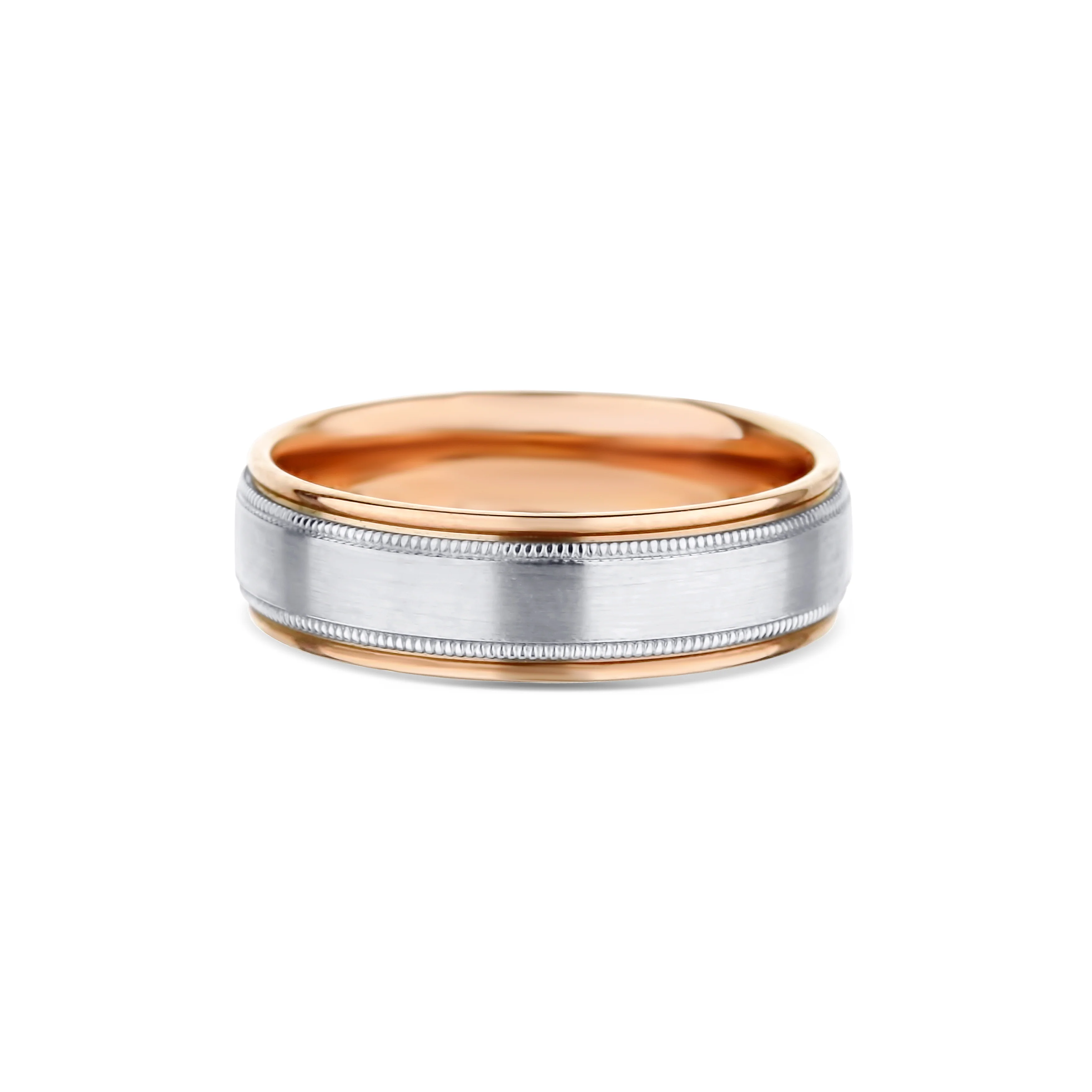 14K White Gold and 14K Rose Gold Milgrain Accent Milgrain Satin Finish Round Edge Wedding Band 6.5mm - Image 3