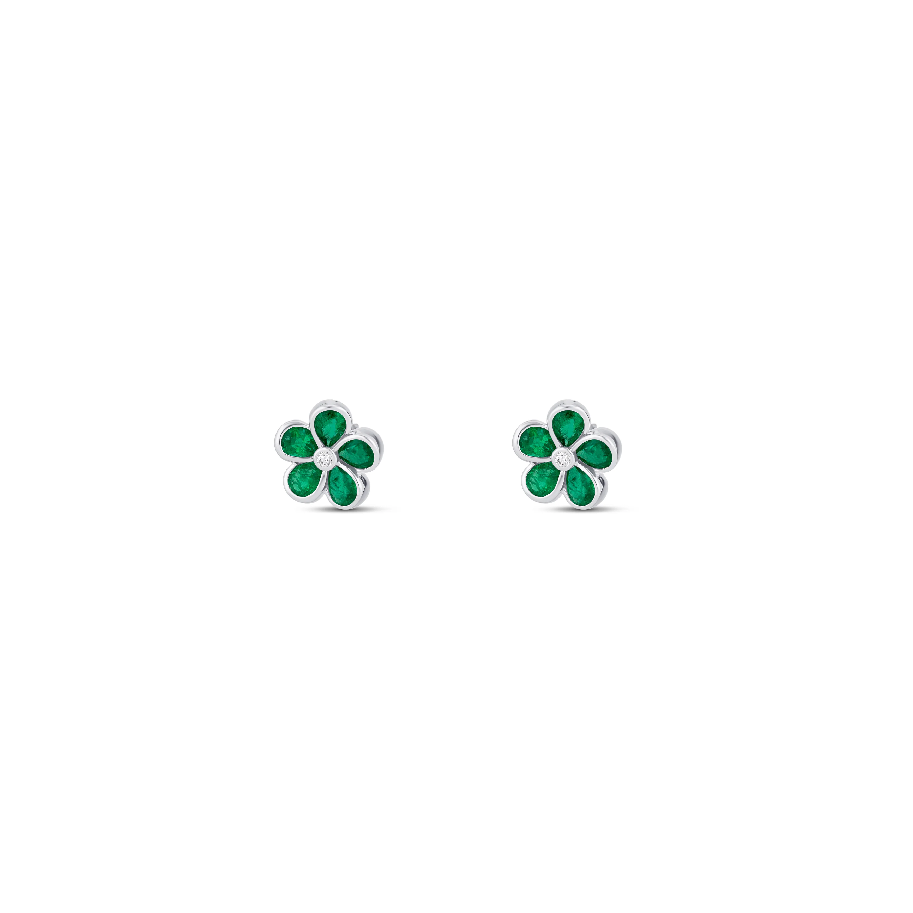 14K White Gold Emerald And Diamond Flower Earrings - Image 2