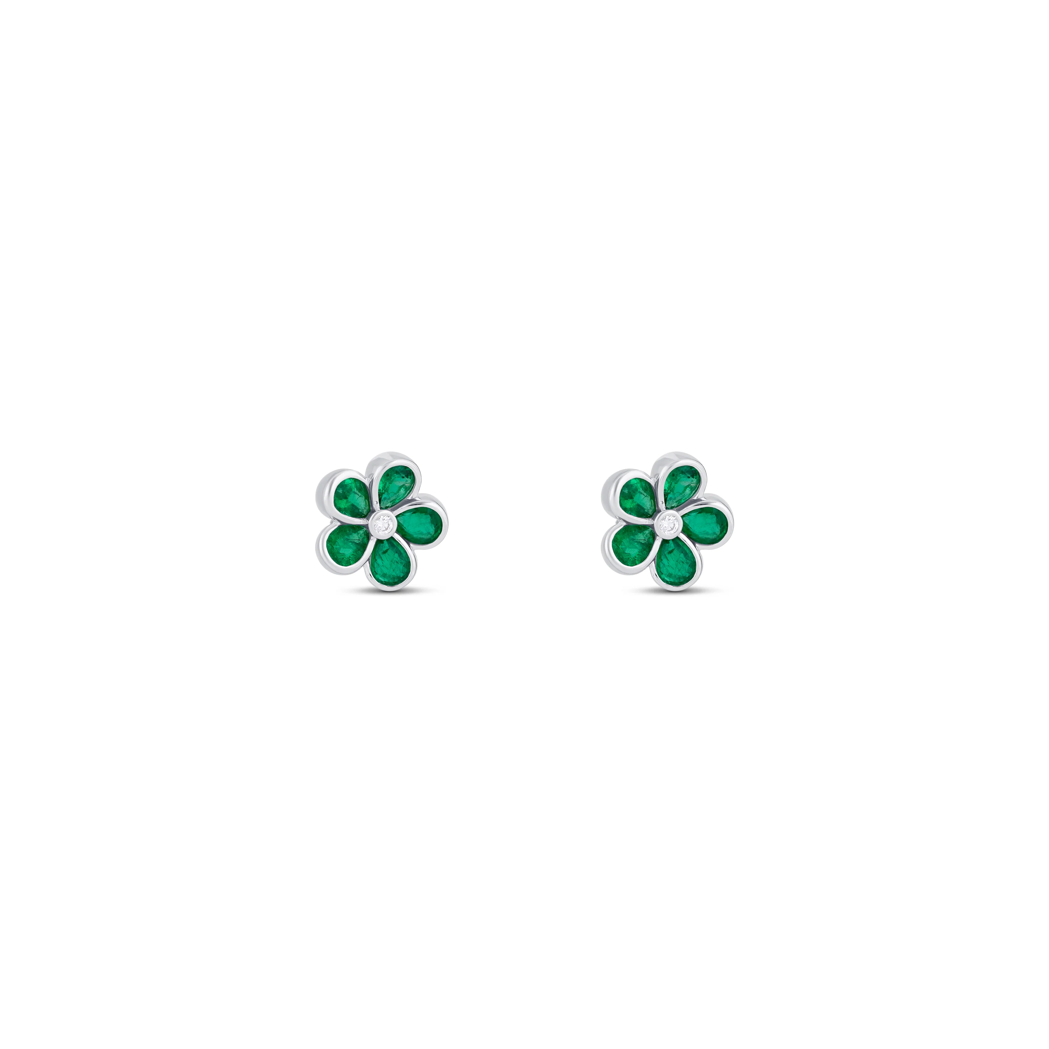 14K White Gold Emerald And Diamond Flower Earrings - Image 3
