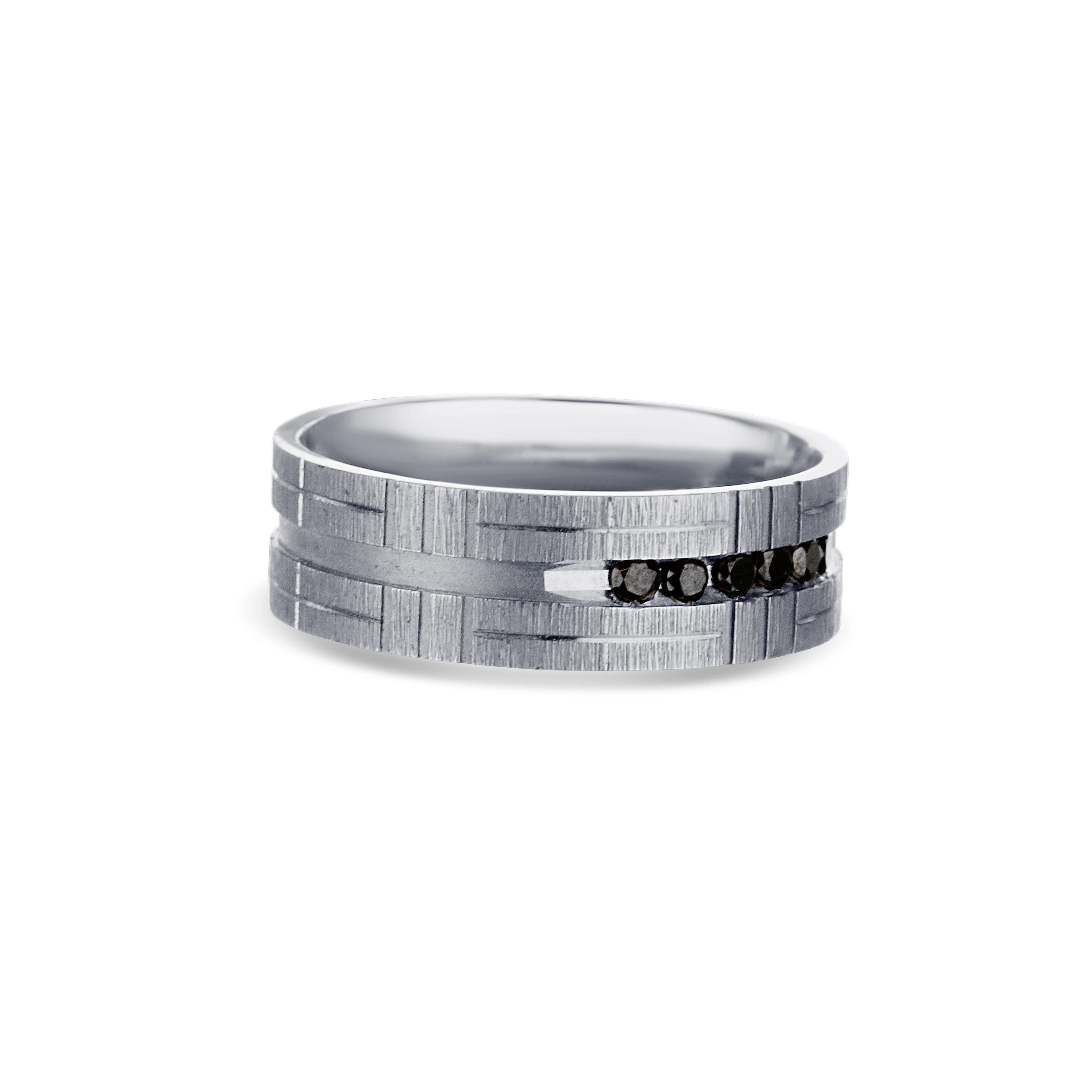 14K White Gold Flat Edge Black Diamond Wedding Band 7mm - Image 3