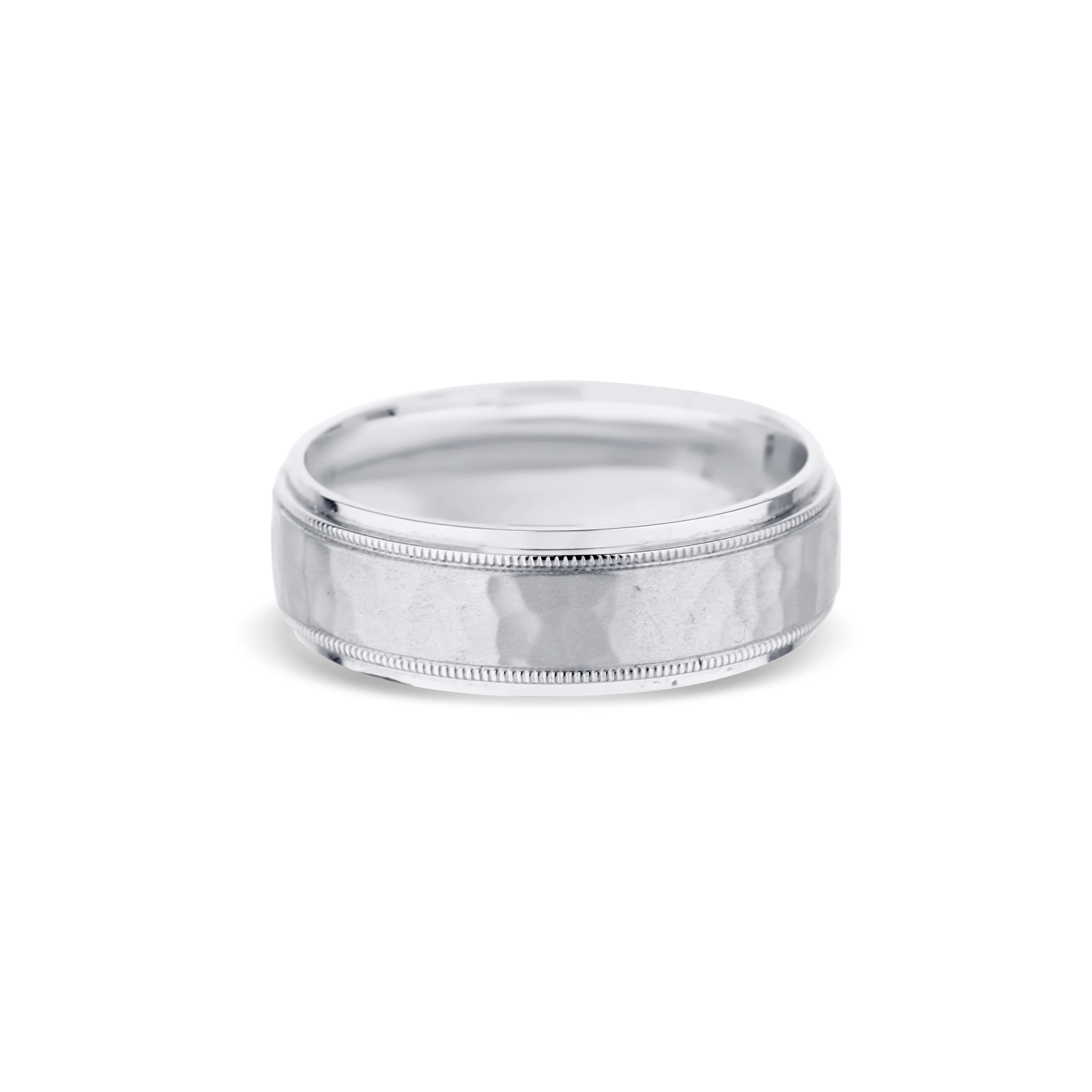 14K White Gold Hammered Flat Edge Wedding Band - Image 2