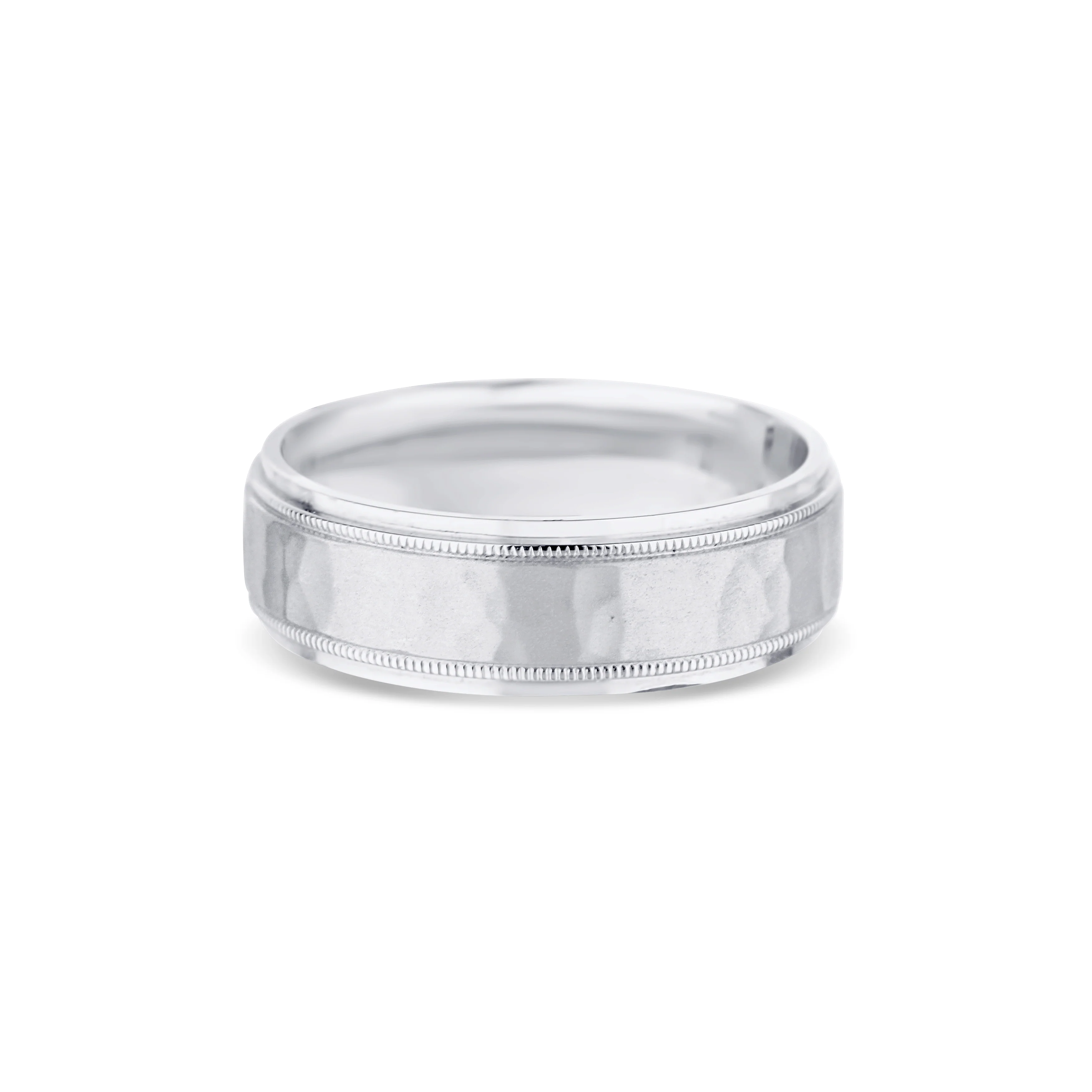 14K White Gold Hammered Flat Edge Wedding Band - Image 3