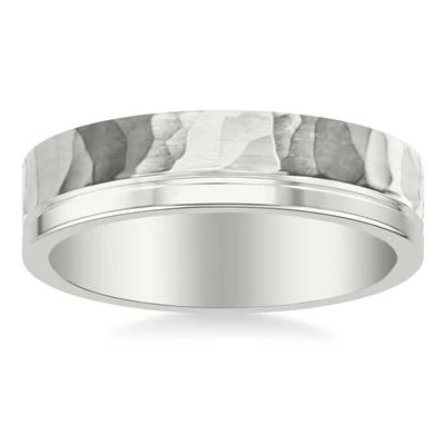 14K White Gold Hammered Wedding Band 6mm - Image 2