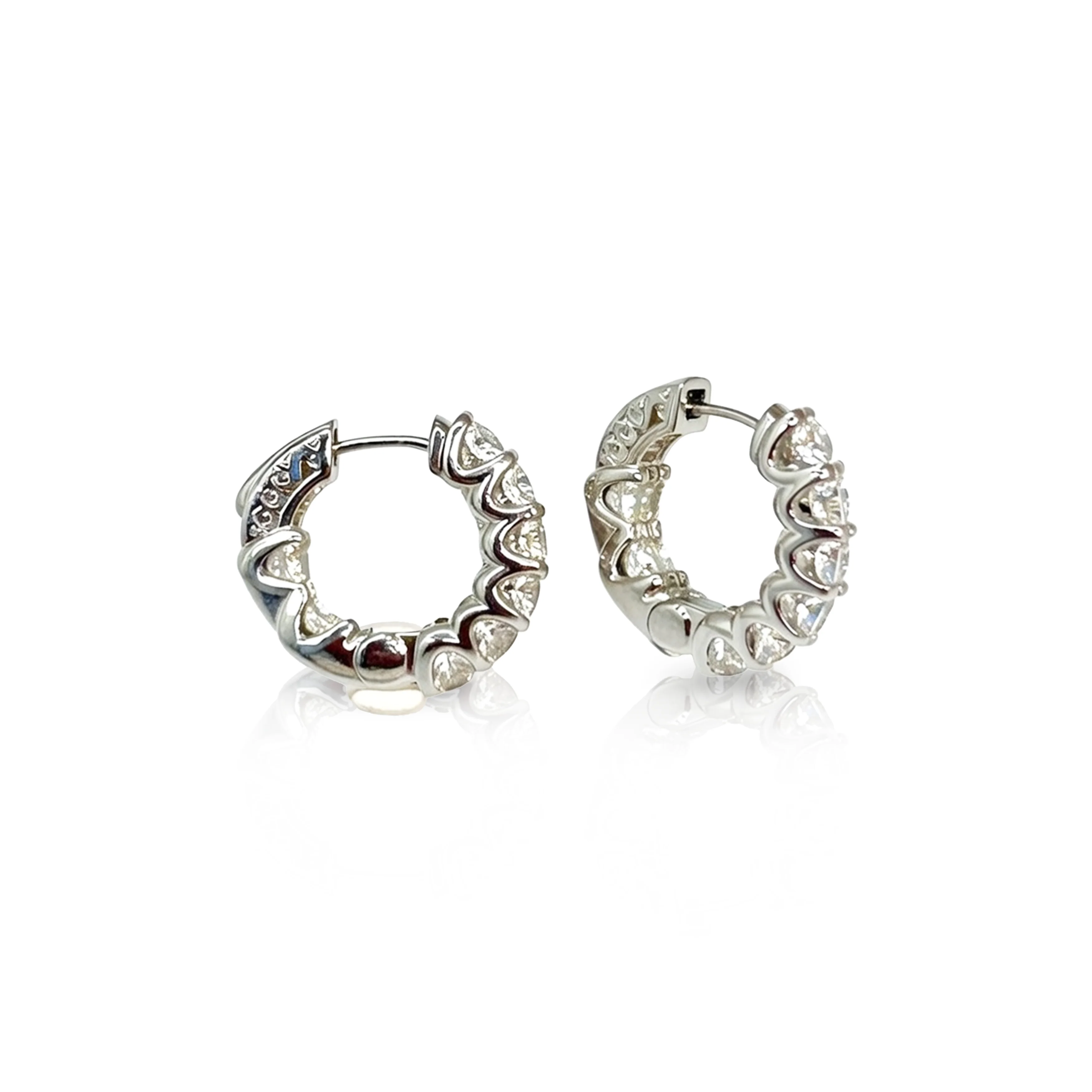 14K White Gold Inside-Out Shared Prong Round Brilliant Diamond Hoop Earrings