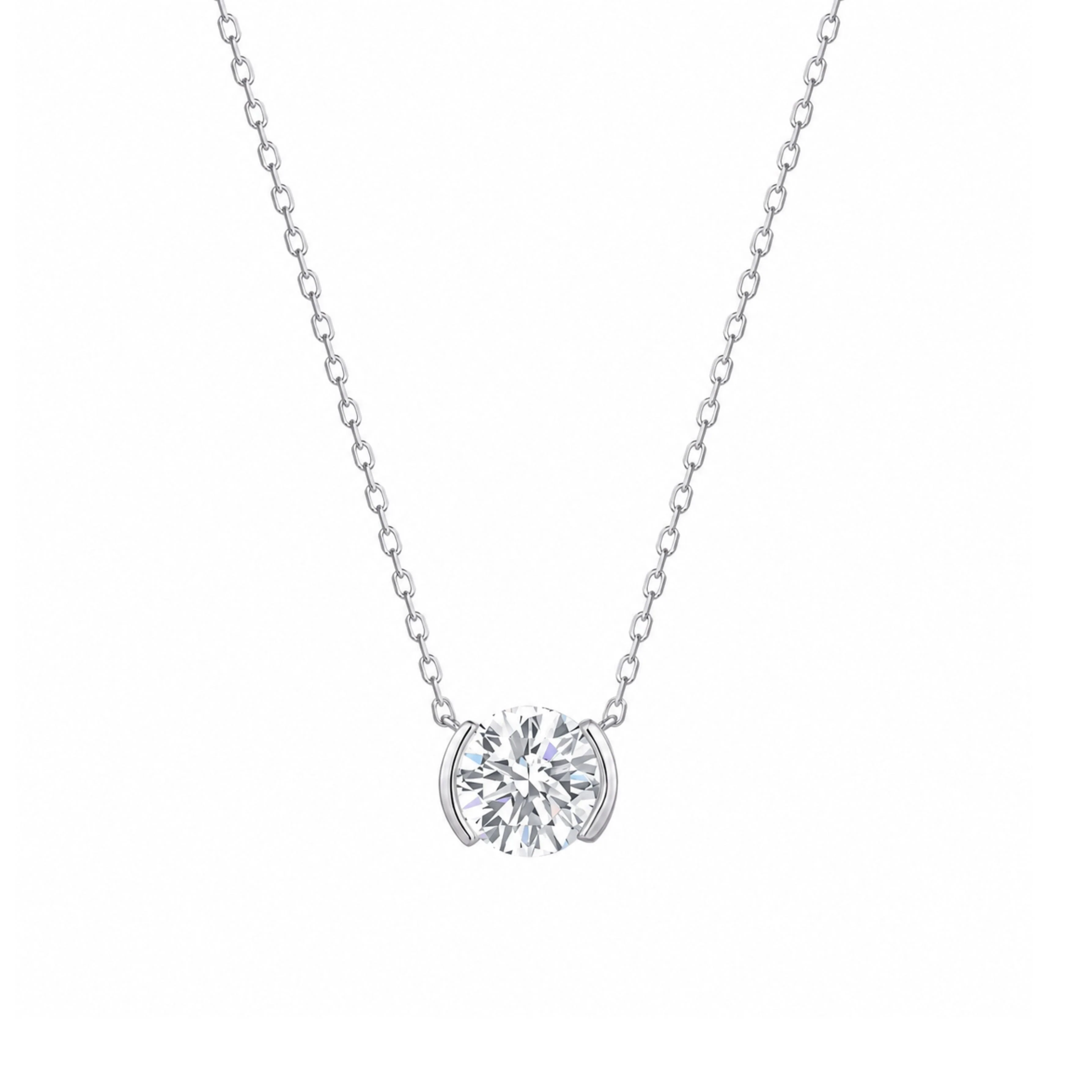 14k White Gold Lab Grown Round Diamond Half Bezel Solitaire Necklace