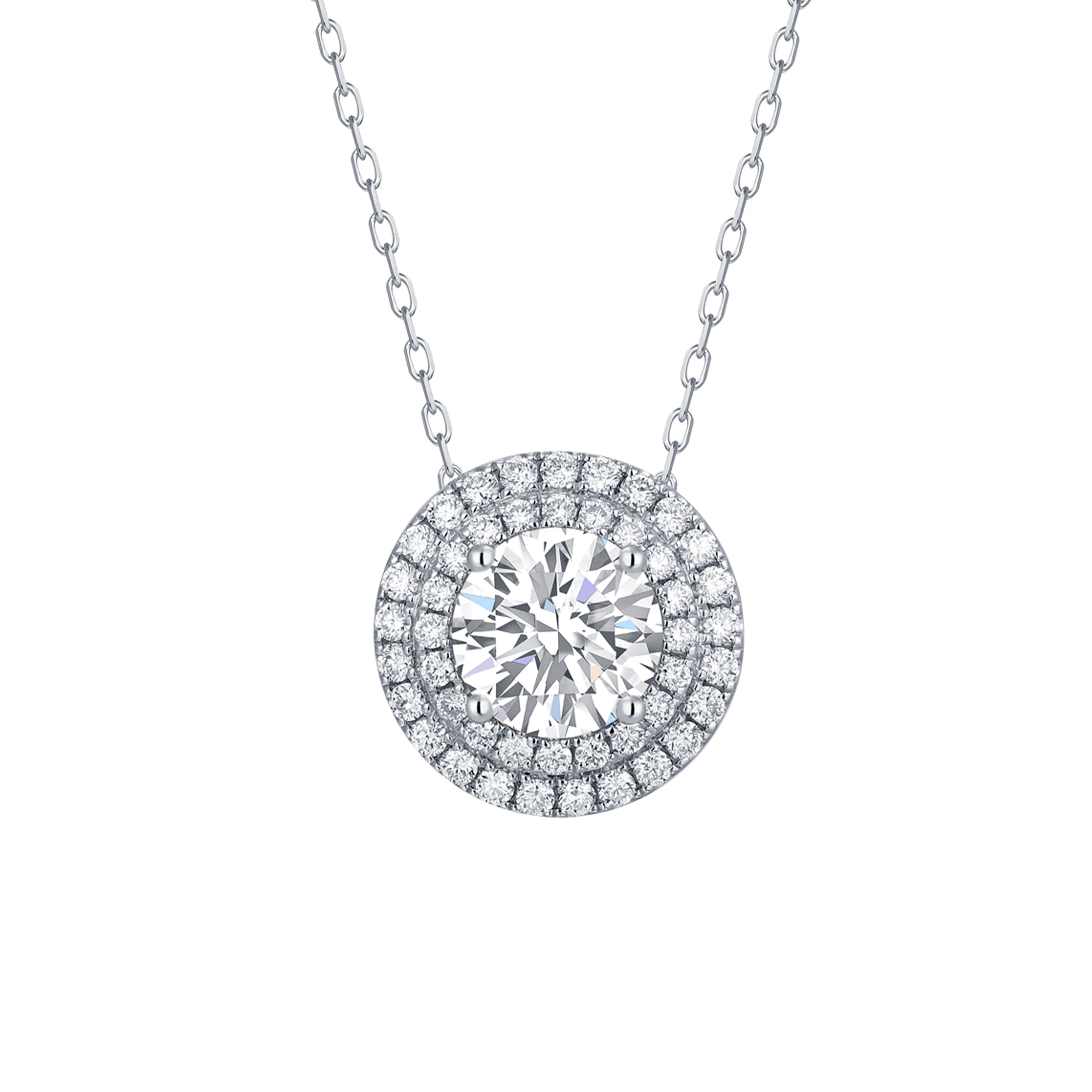 14k White Gold Lab Grown Round Diamond Halo Pendant with Chain - Image 2