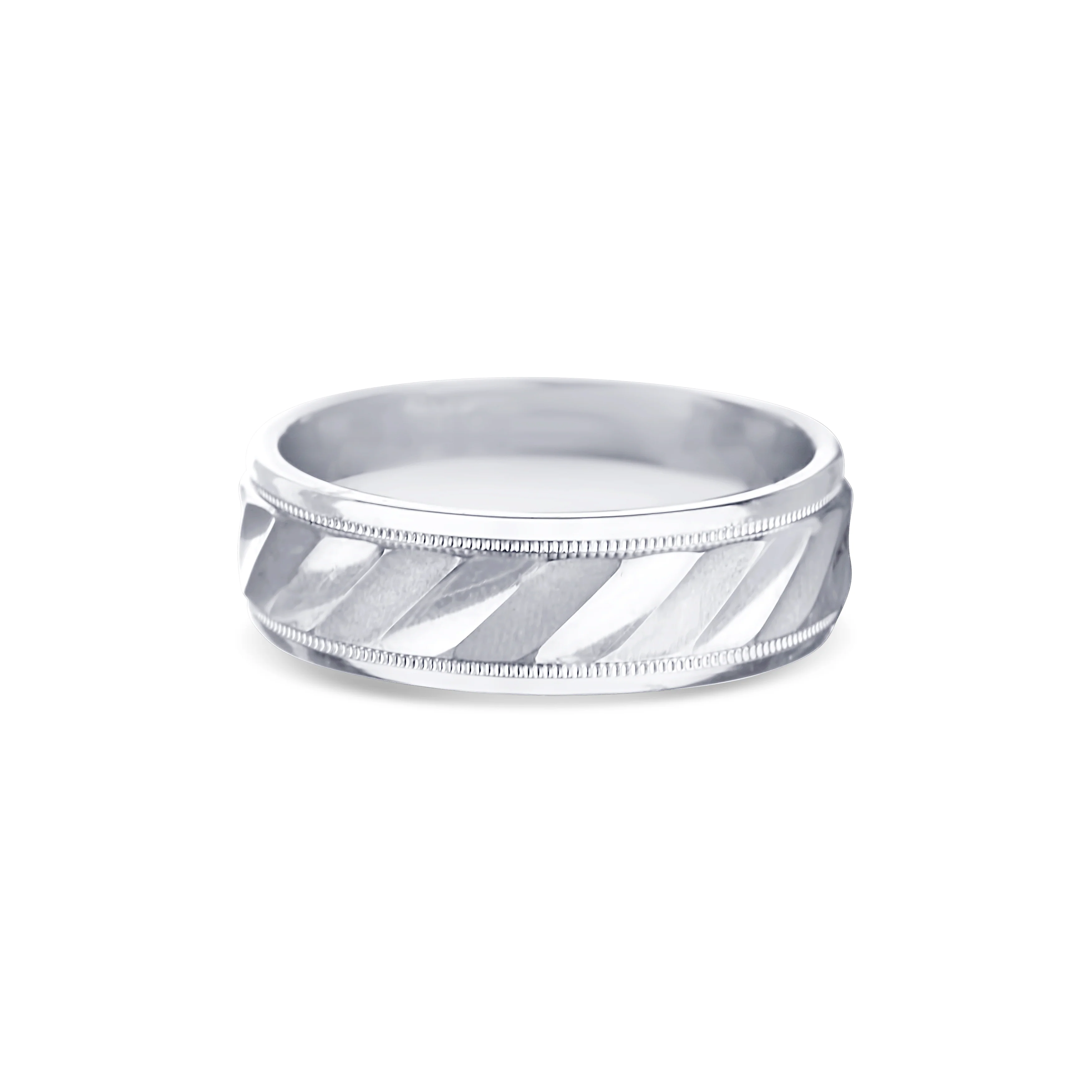 14K White Gold Milgrain Diagonal Cut Step Edge Wedding Band 7mm
