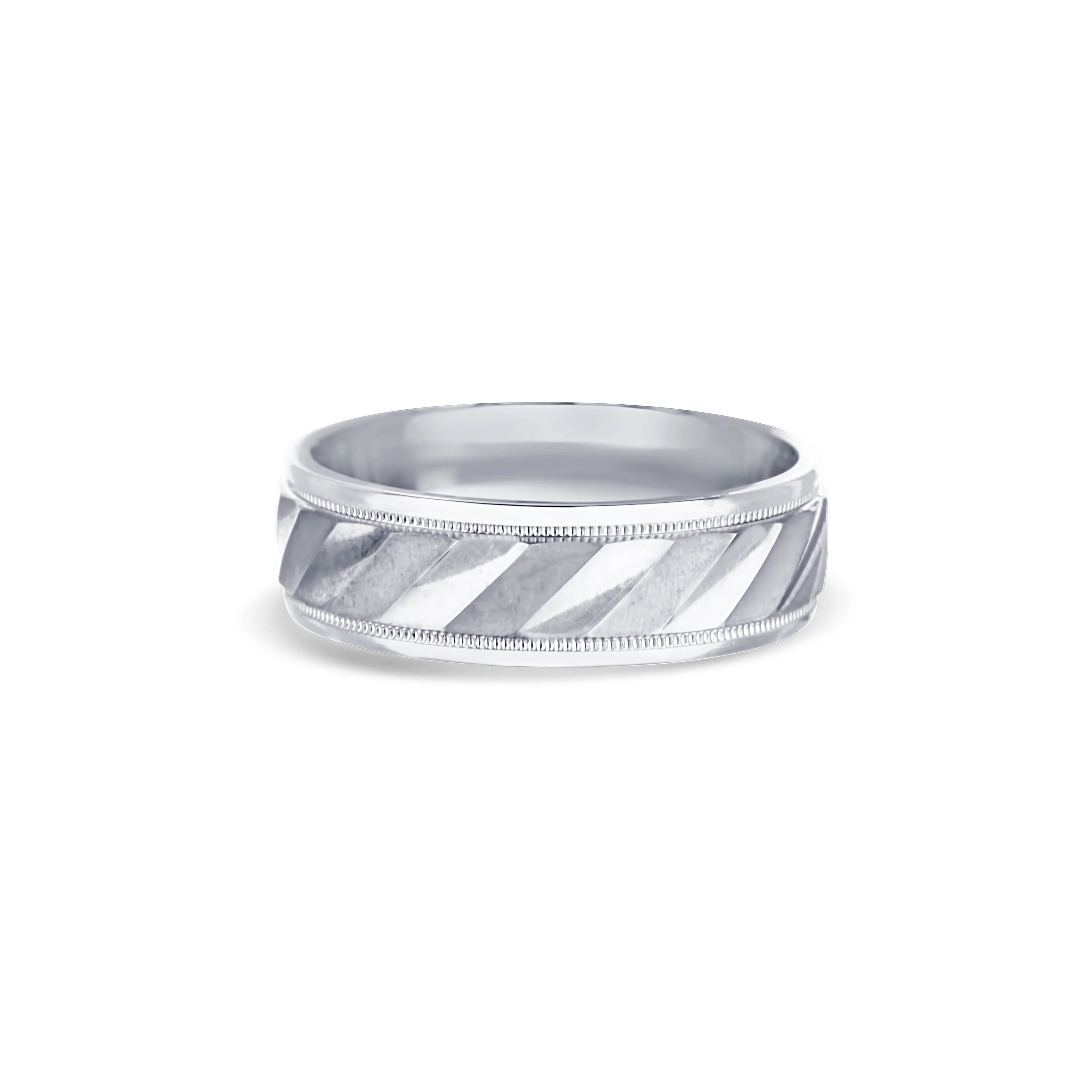 14K White Gold Milgrain Diagonal Cut Step Edge Wedding Band 7mm - Image 2