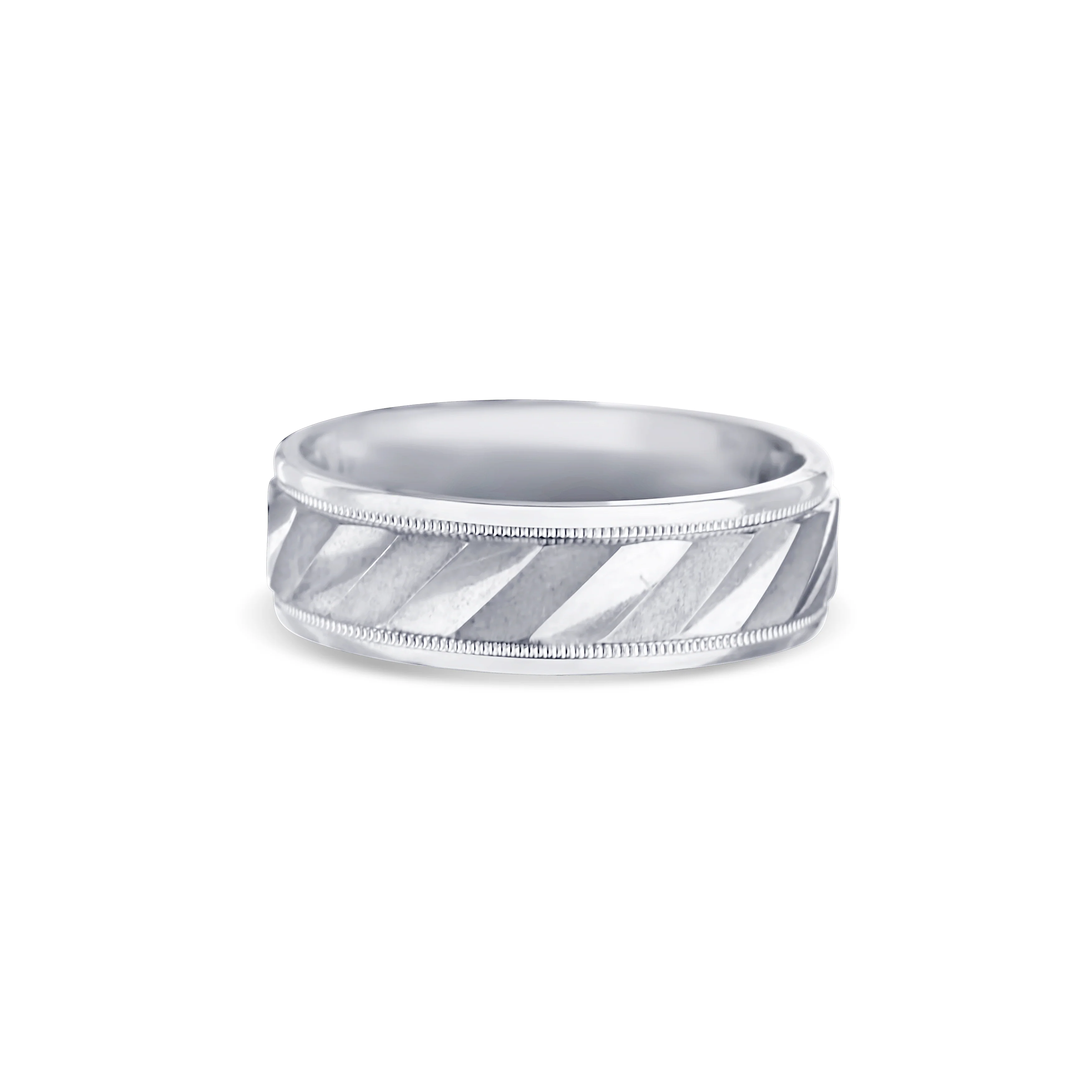 14K White Gold Milgrain Diagonal Cut Step Edge Wedding Band 7mm - Image 3