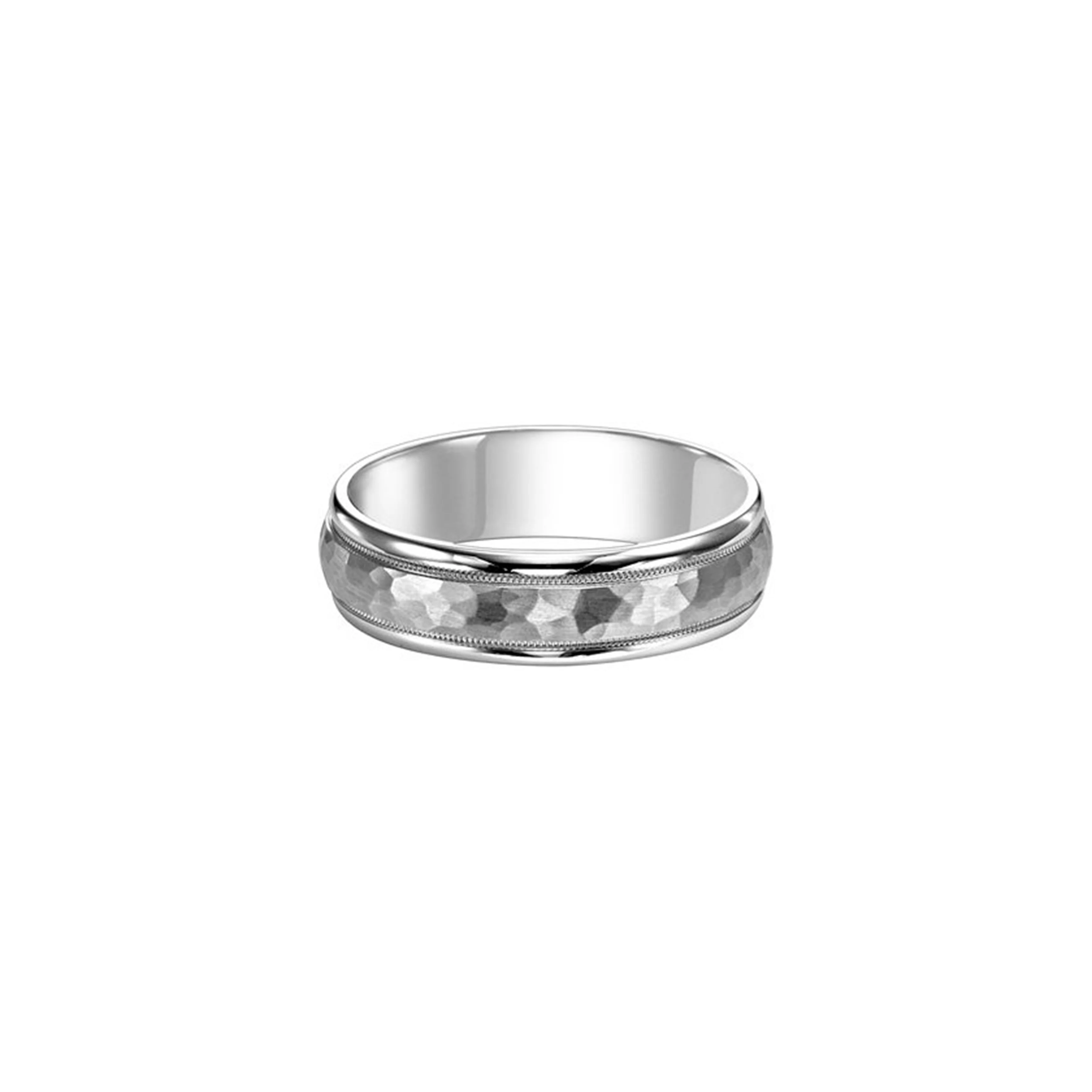 14K White Gold Milgrain Hammered Wedding Band 6mm