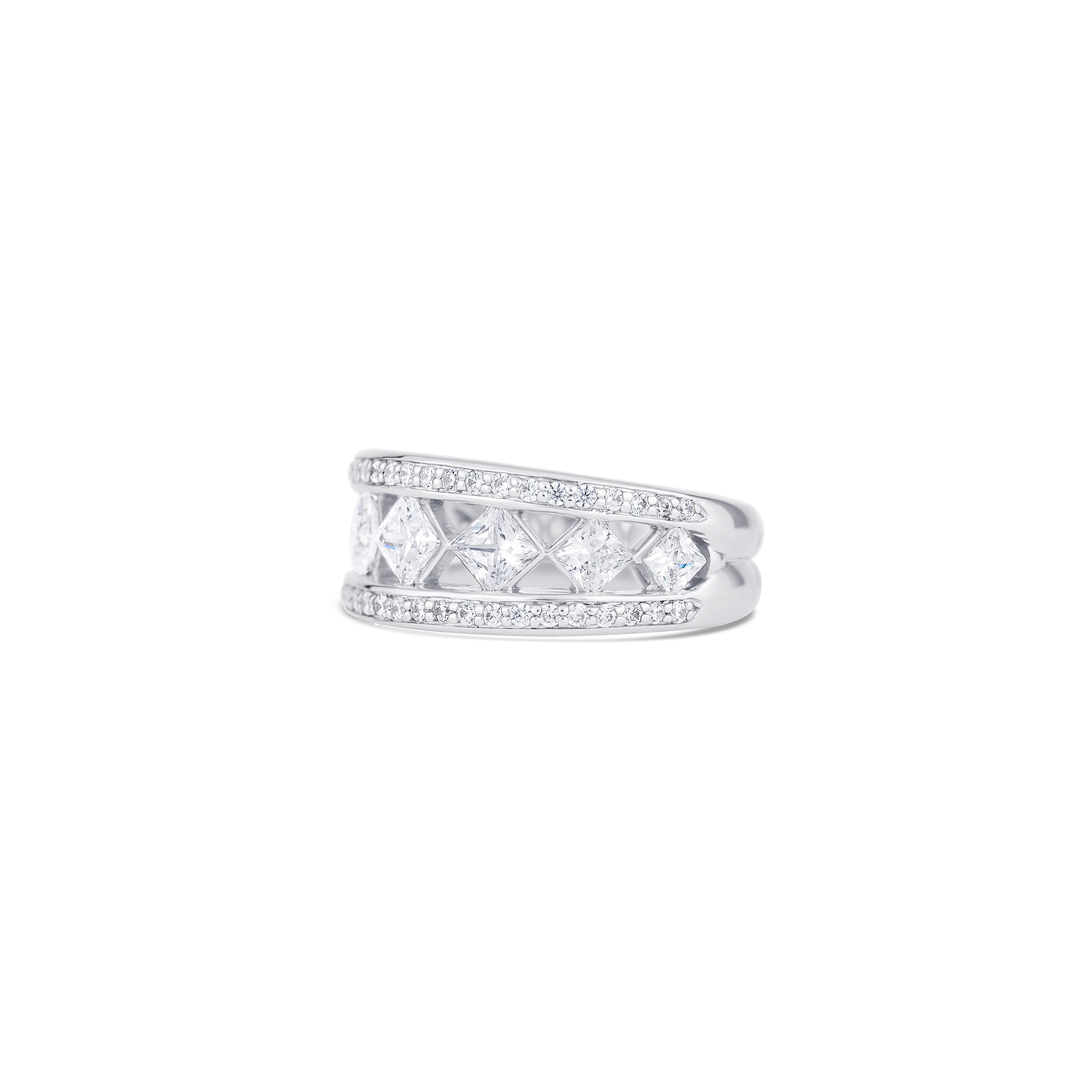 14K White Gold Princess Diamond Center Round Diamond Pavé Edge Band - Image 2