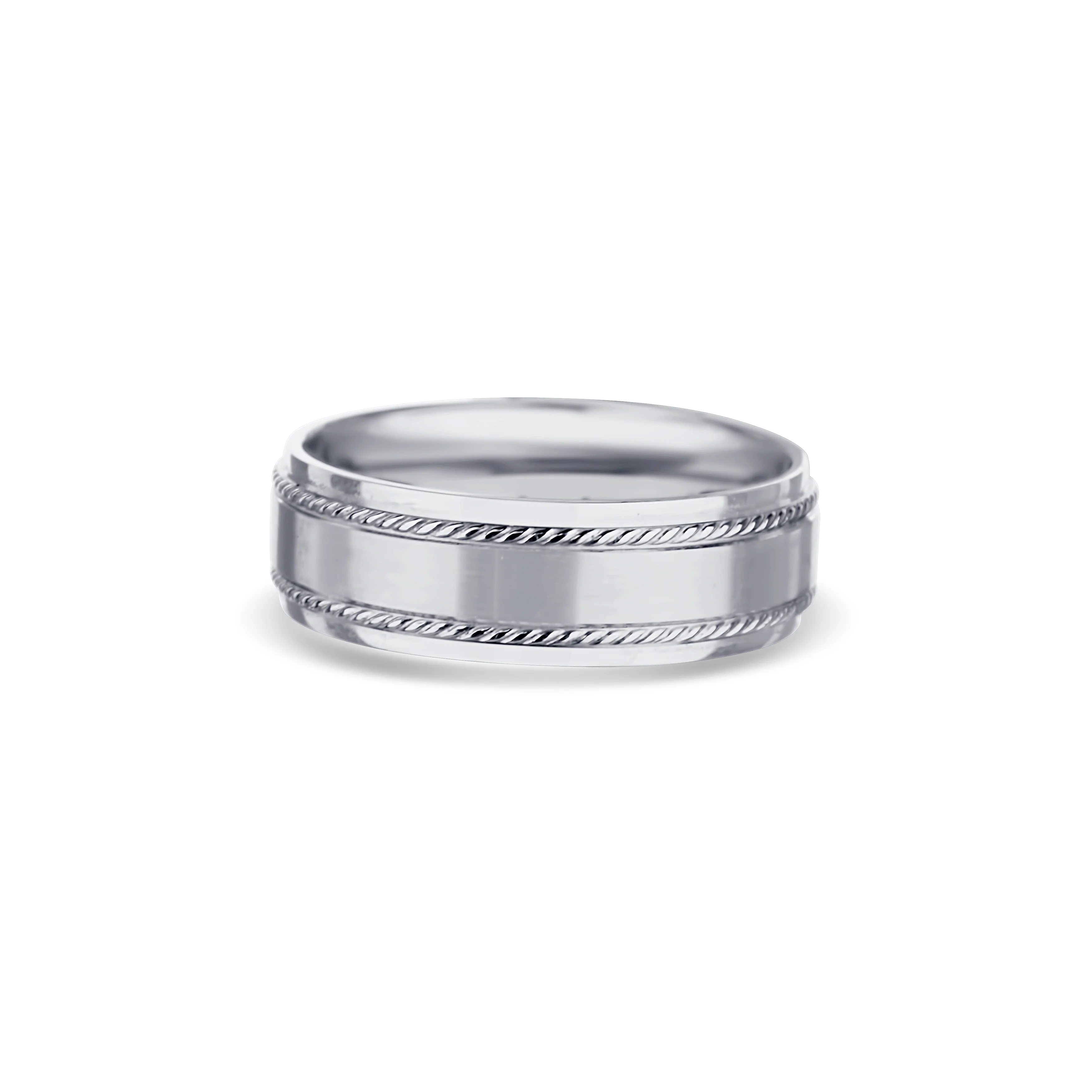 14K White Gold Rope Accent Satin Finish Round Edge Wedding Band 7mm - Image 2