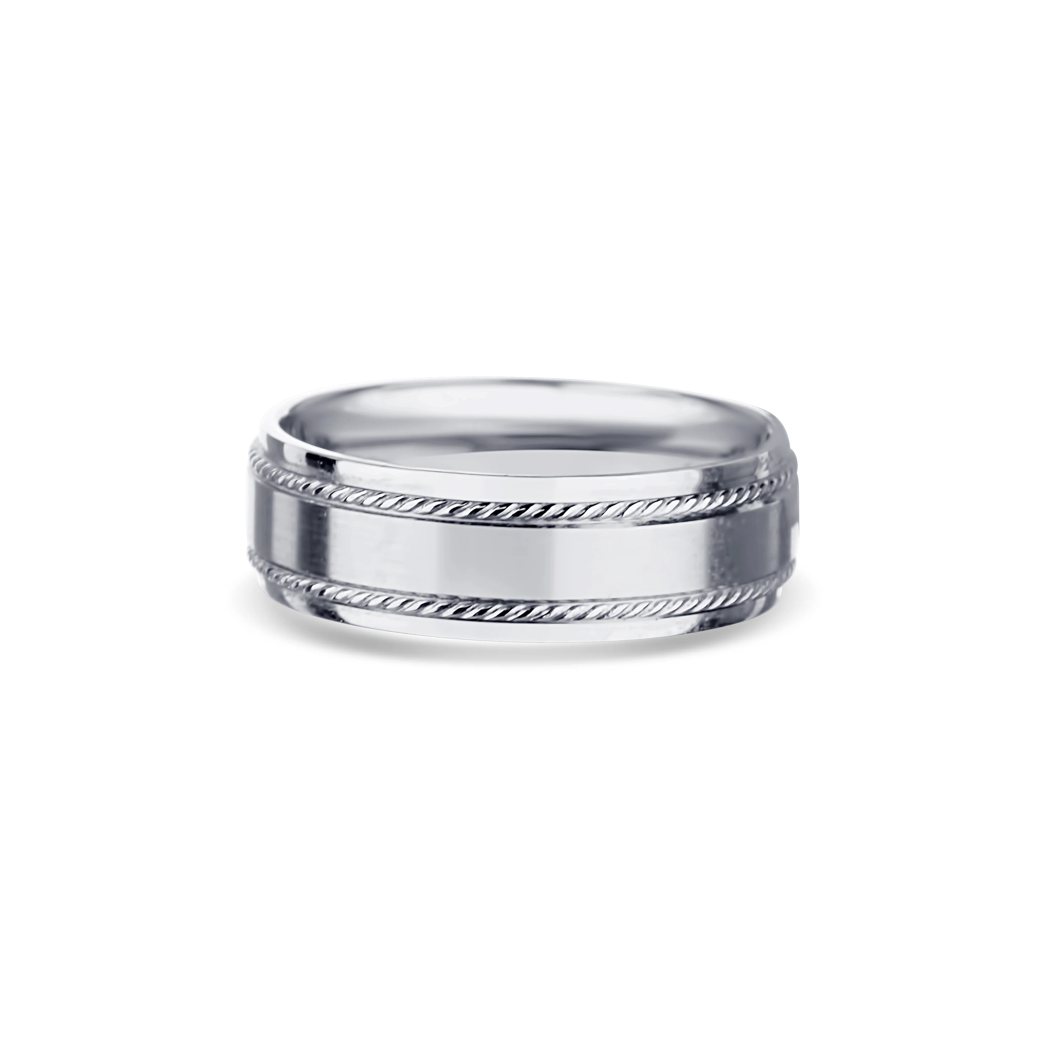 14K White Gold Rope Accent Satin Finish Round Edge Wedding Band 7mm - Image 3
