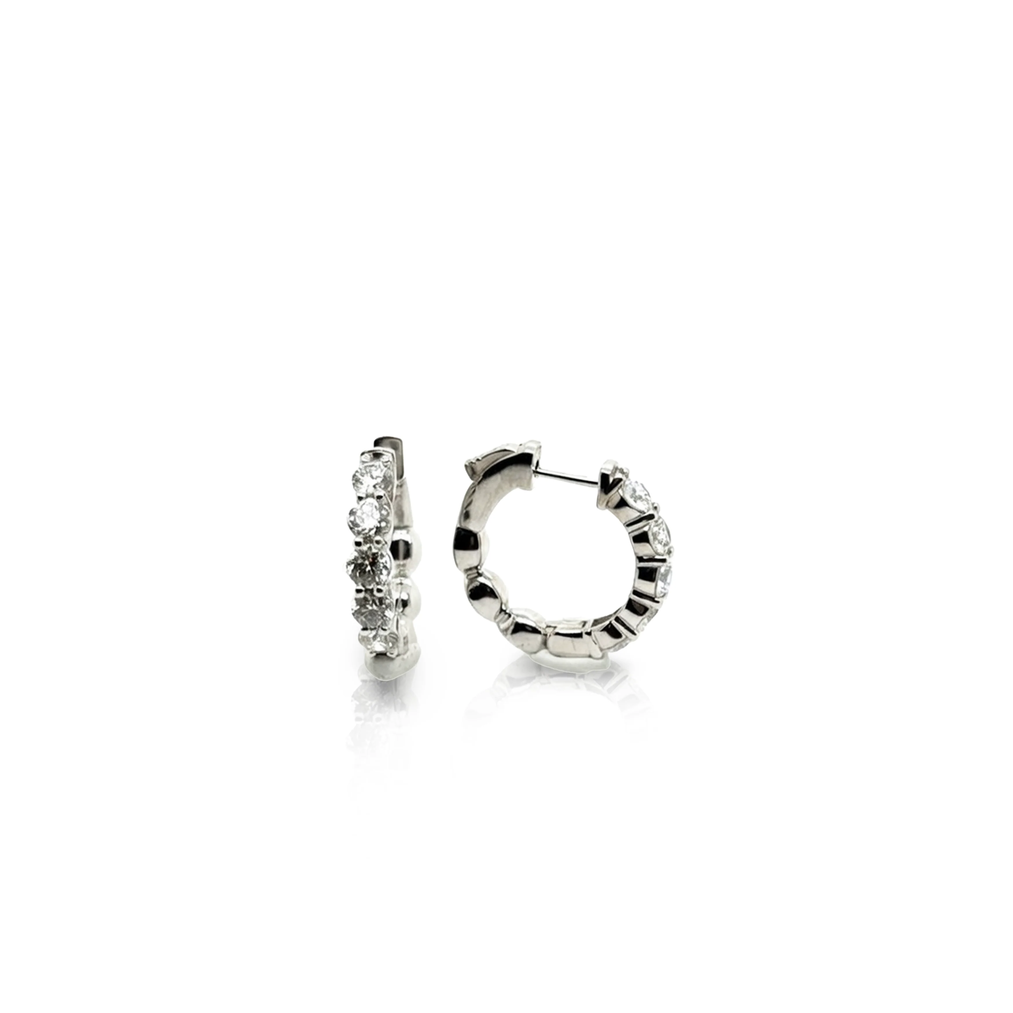 14K White Gold Round Brilliant Diamond Shared Prong Huggie Earrings