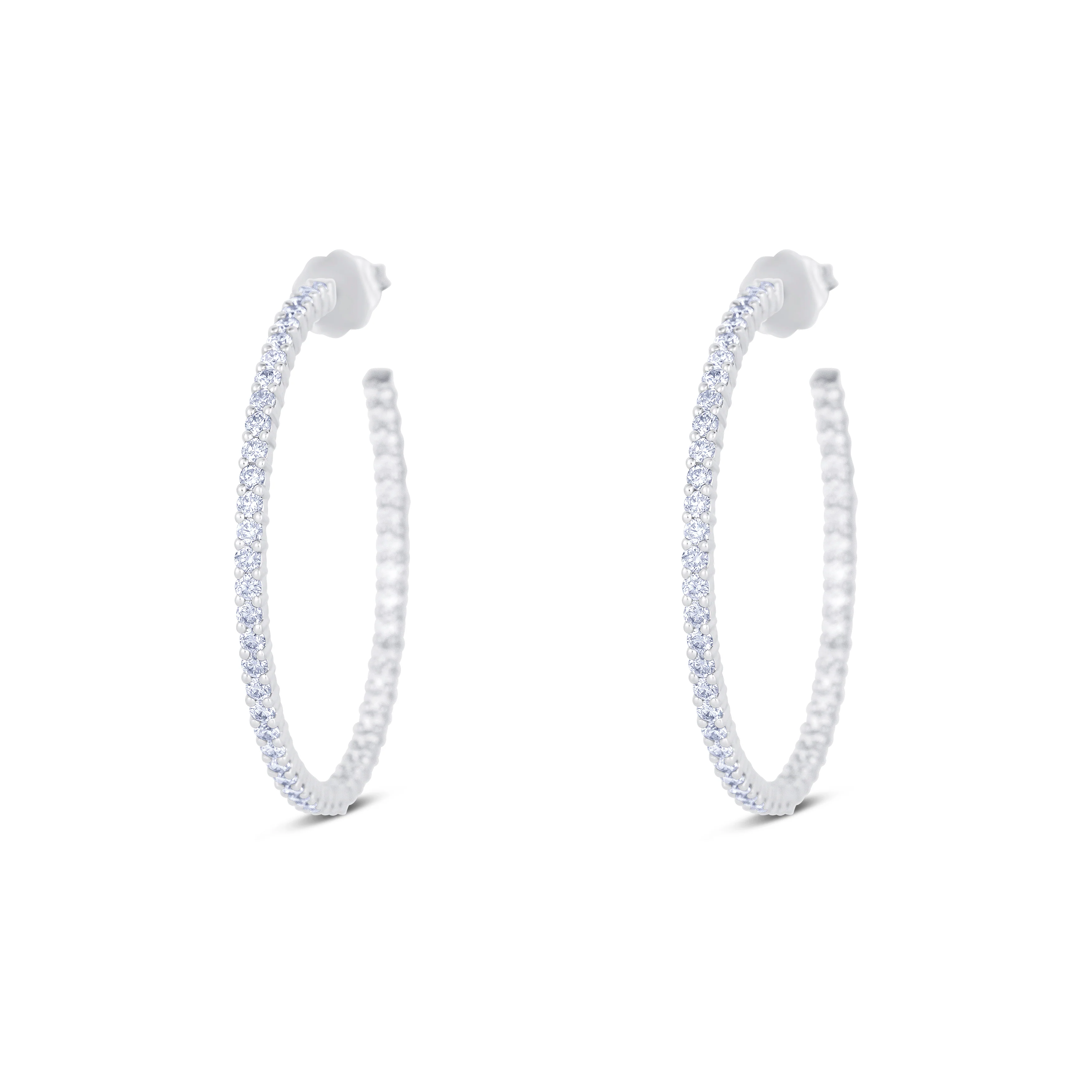 14K White Gold Round Cut Diamond Inside Out Hoop Earrings - Image 2