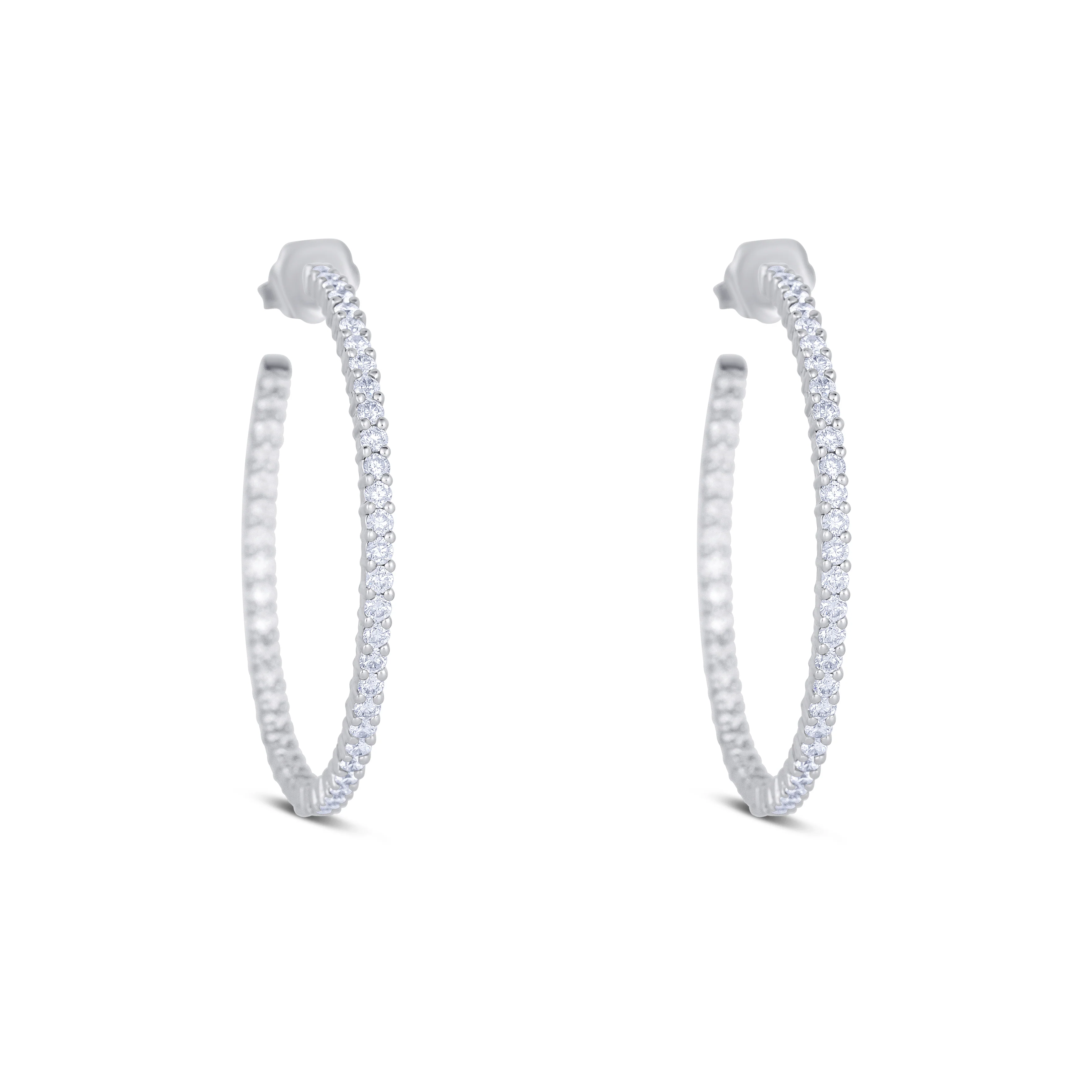 14K White Gold Round Cut Diamond Inside Out Hoop Earrings - Image 3