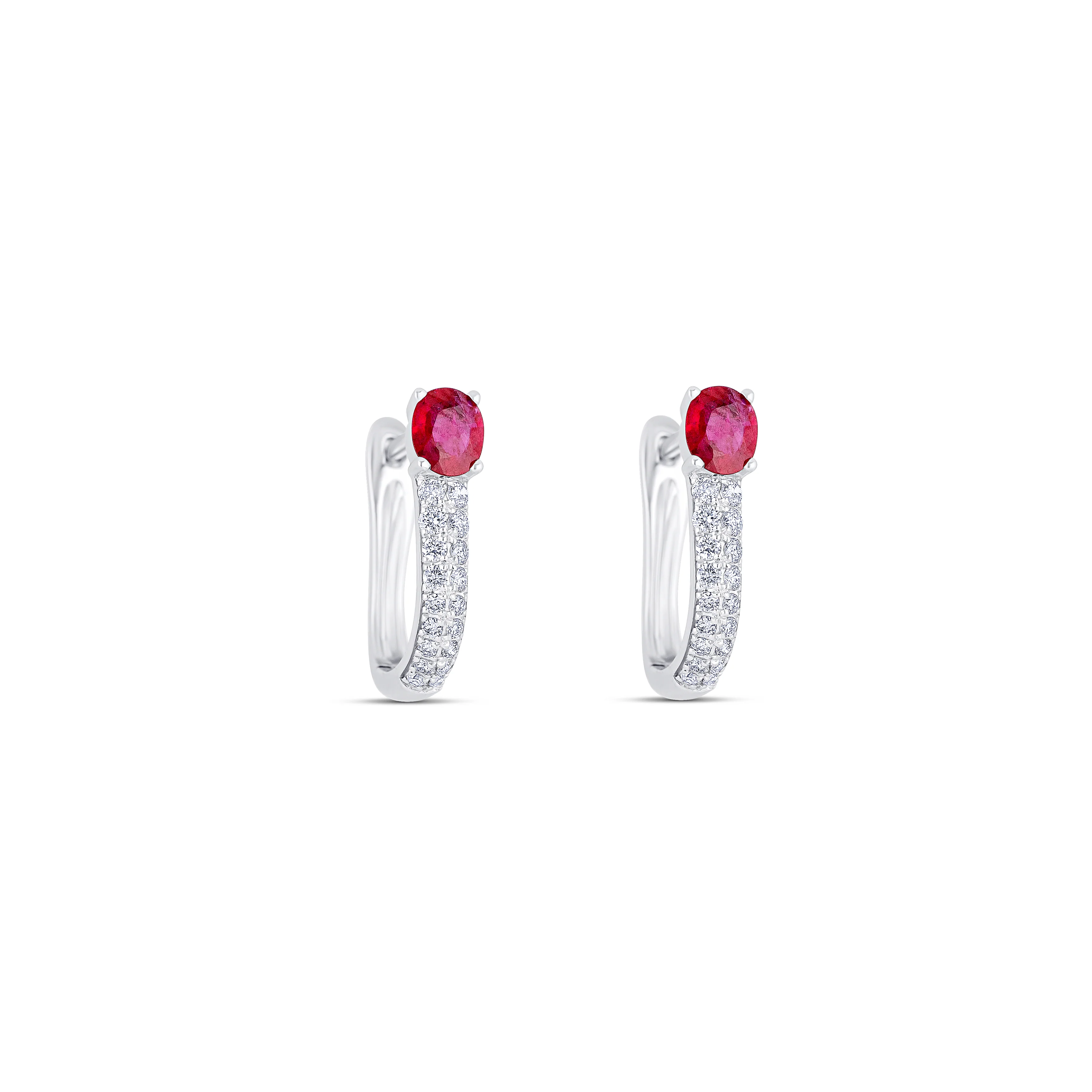 14K White Gold Round Diamond & Ruby Hoop Earrings - Image 3