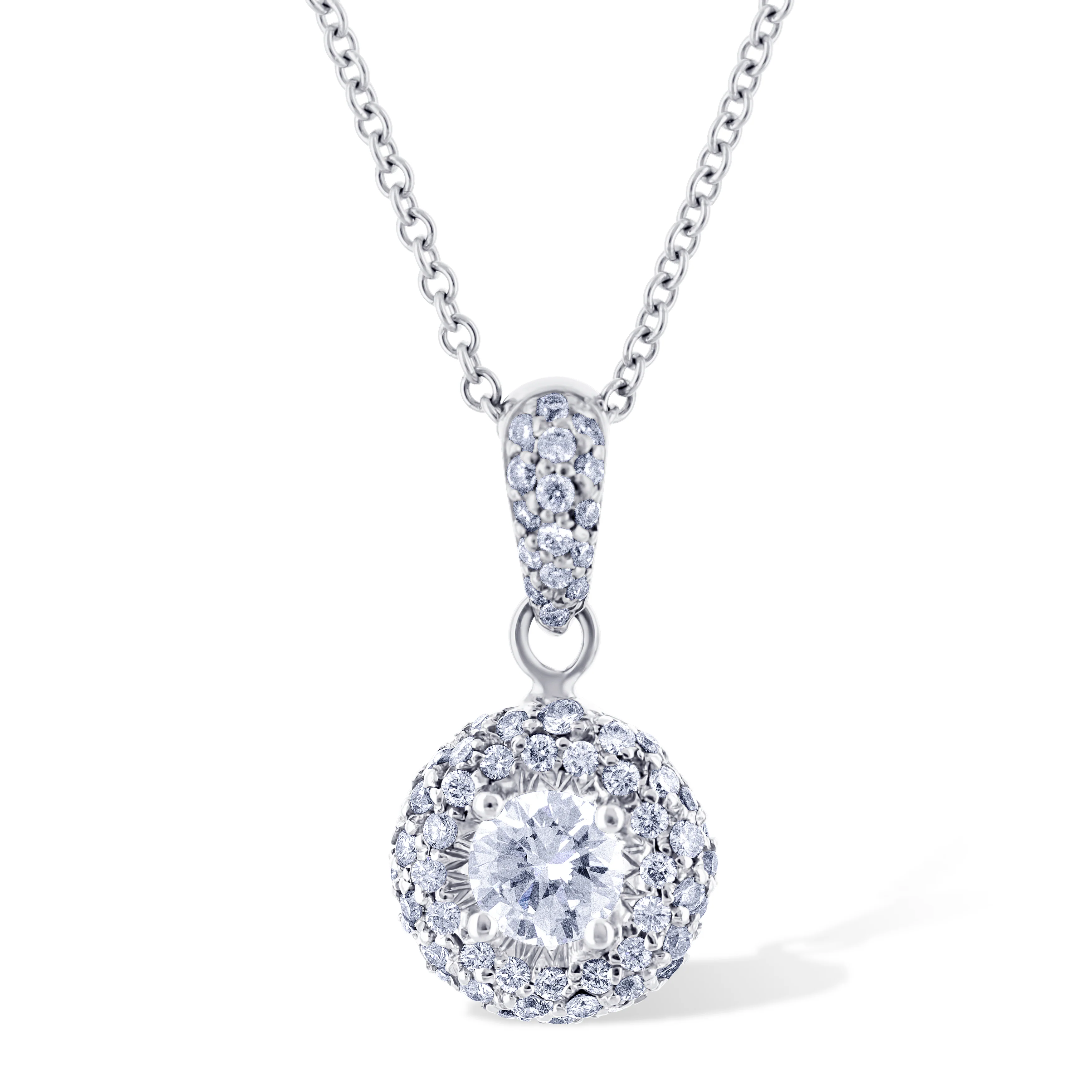 14K White Gold Round Diamond with Side Stones Pendant