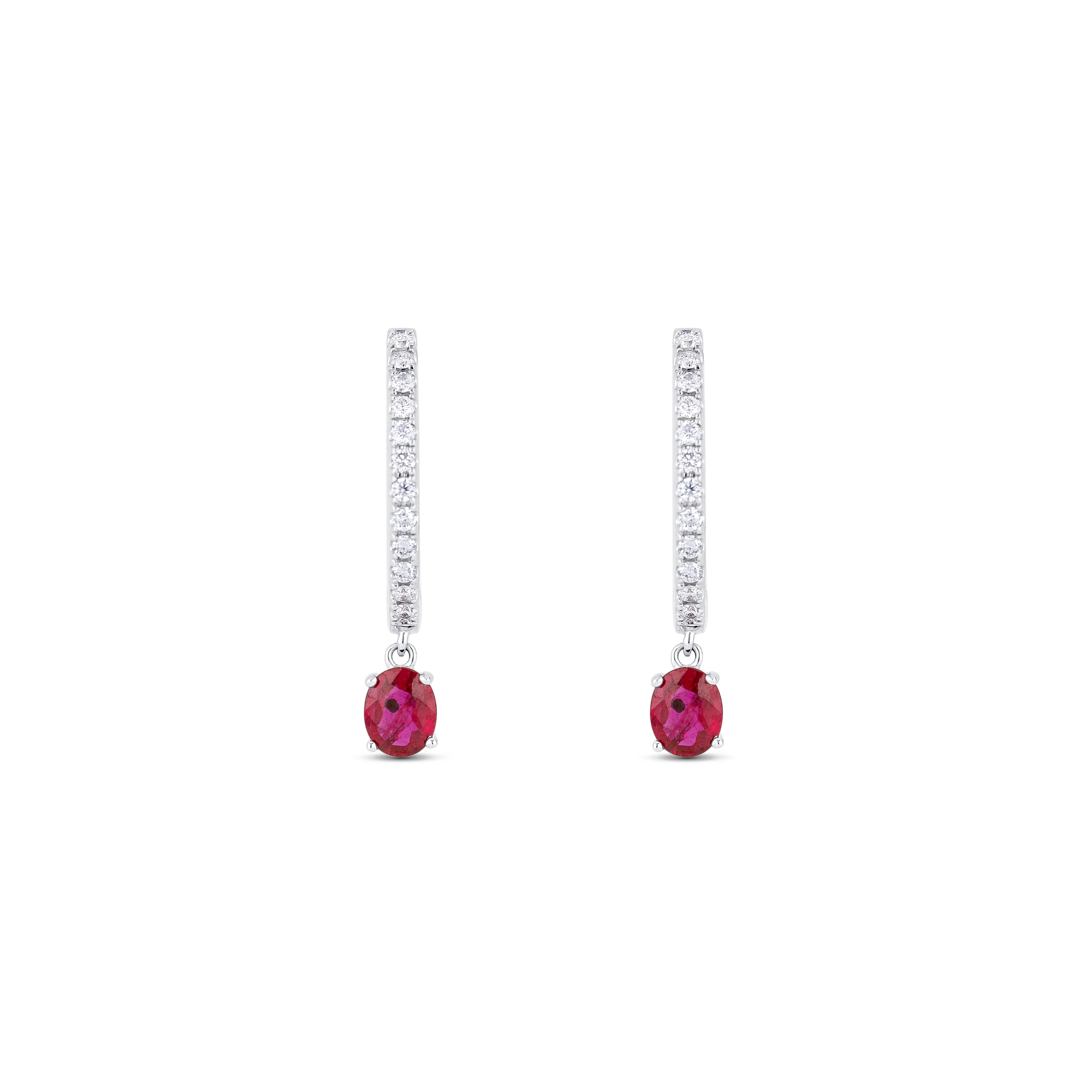 14K White Gold Ruby & Round Diamond Huggie Earrings