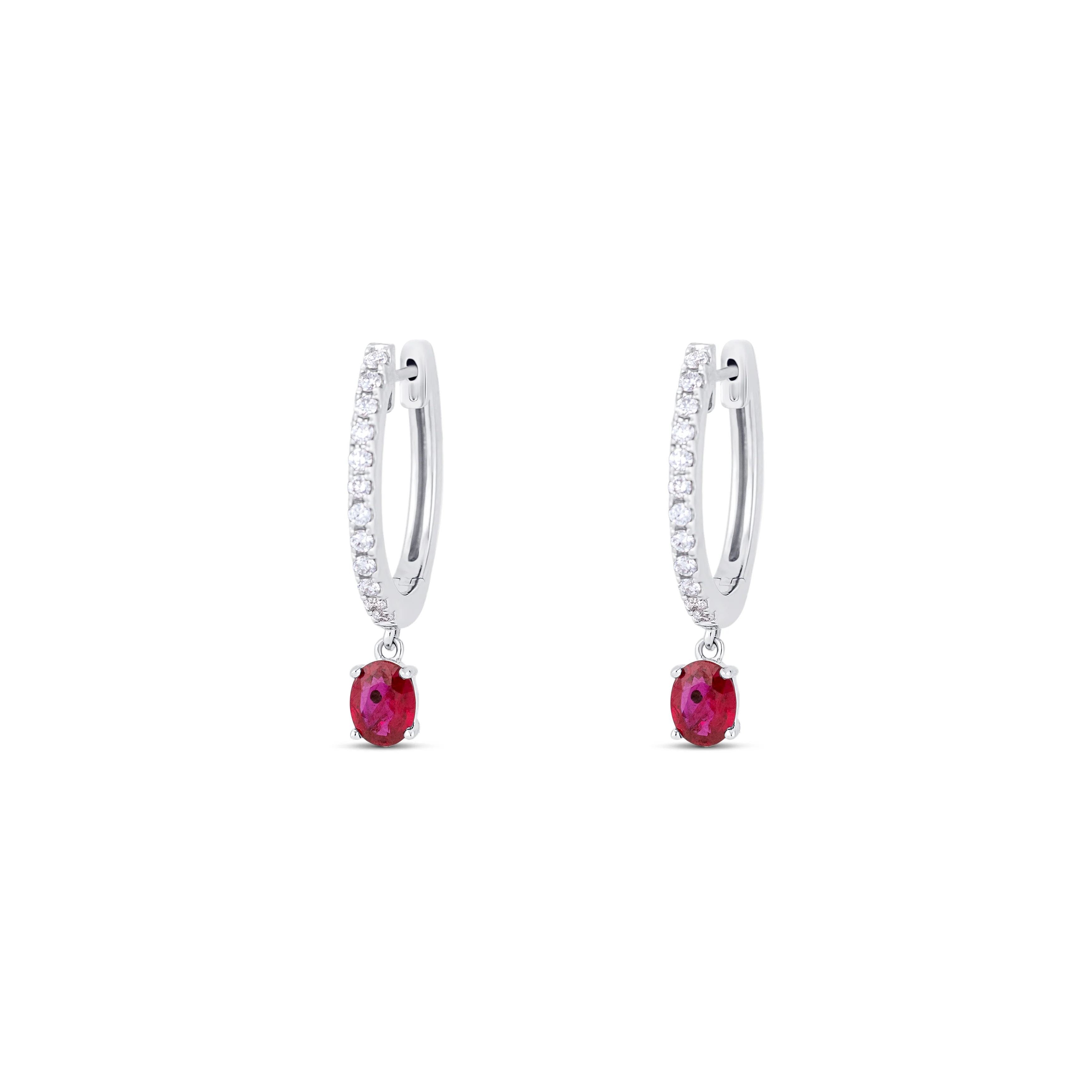 14K White Gold Ruby & Round Diamond Huggie Earrings - Image 2