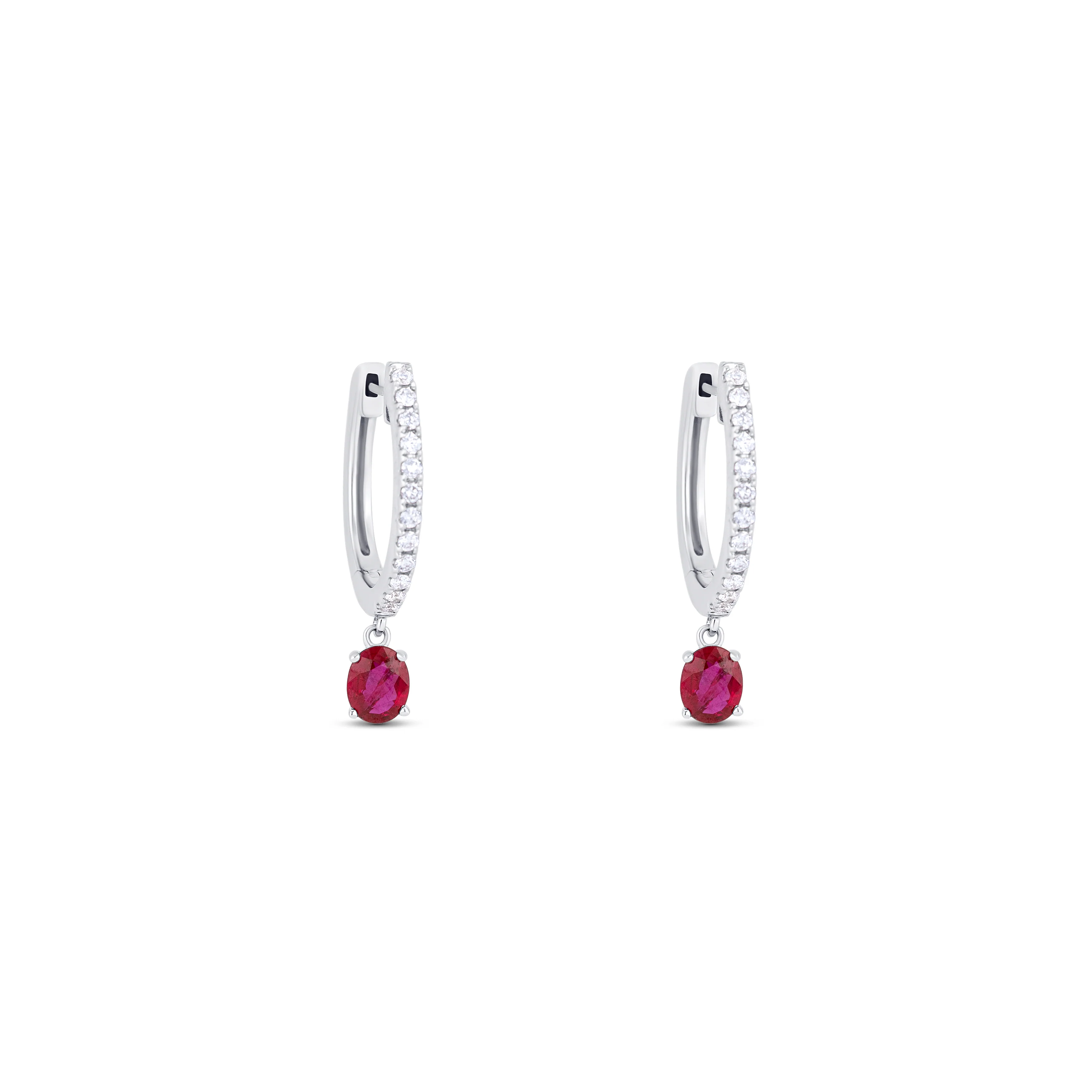 14K White Gold Ruby & Round Diamond Huggie Earrings - Image 3