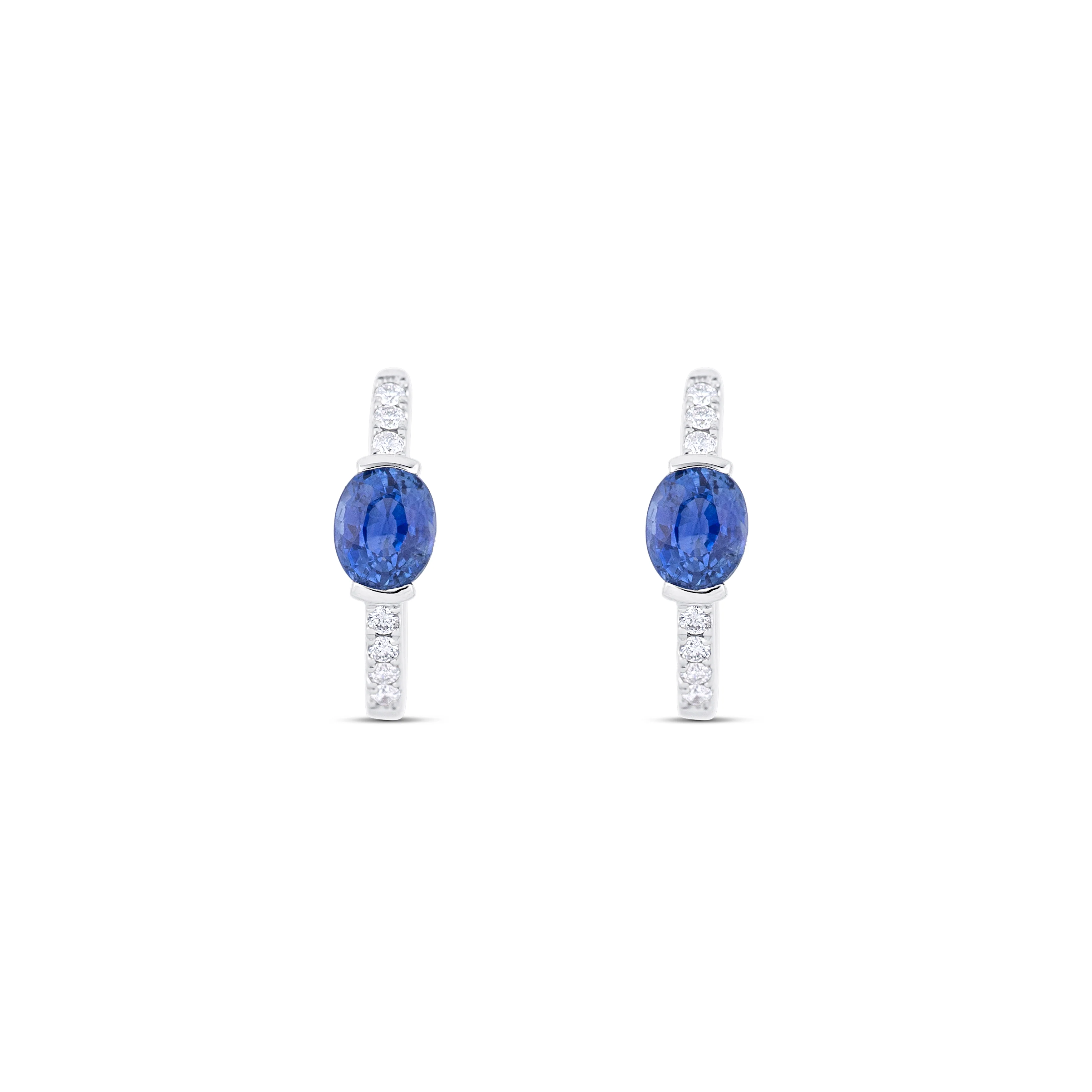 14K White Gold Sapphire & Round Diamond Hoop Earrings