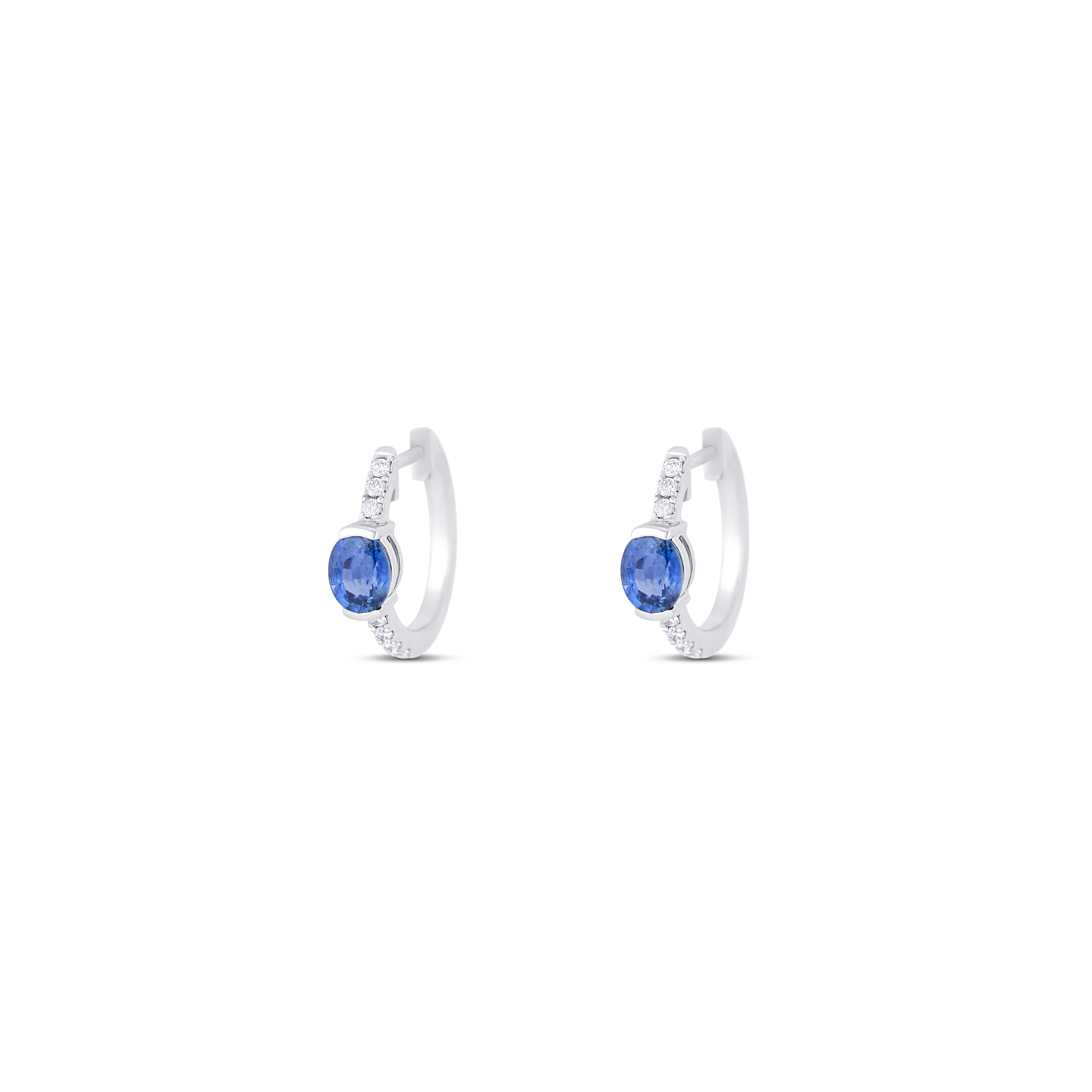 14K White Gold Sapphire & Round Diamond Hoop Earrings - Image 2