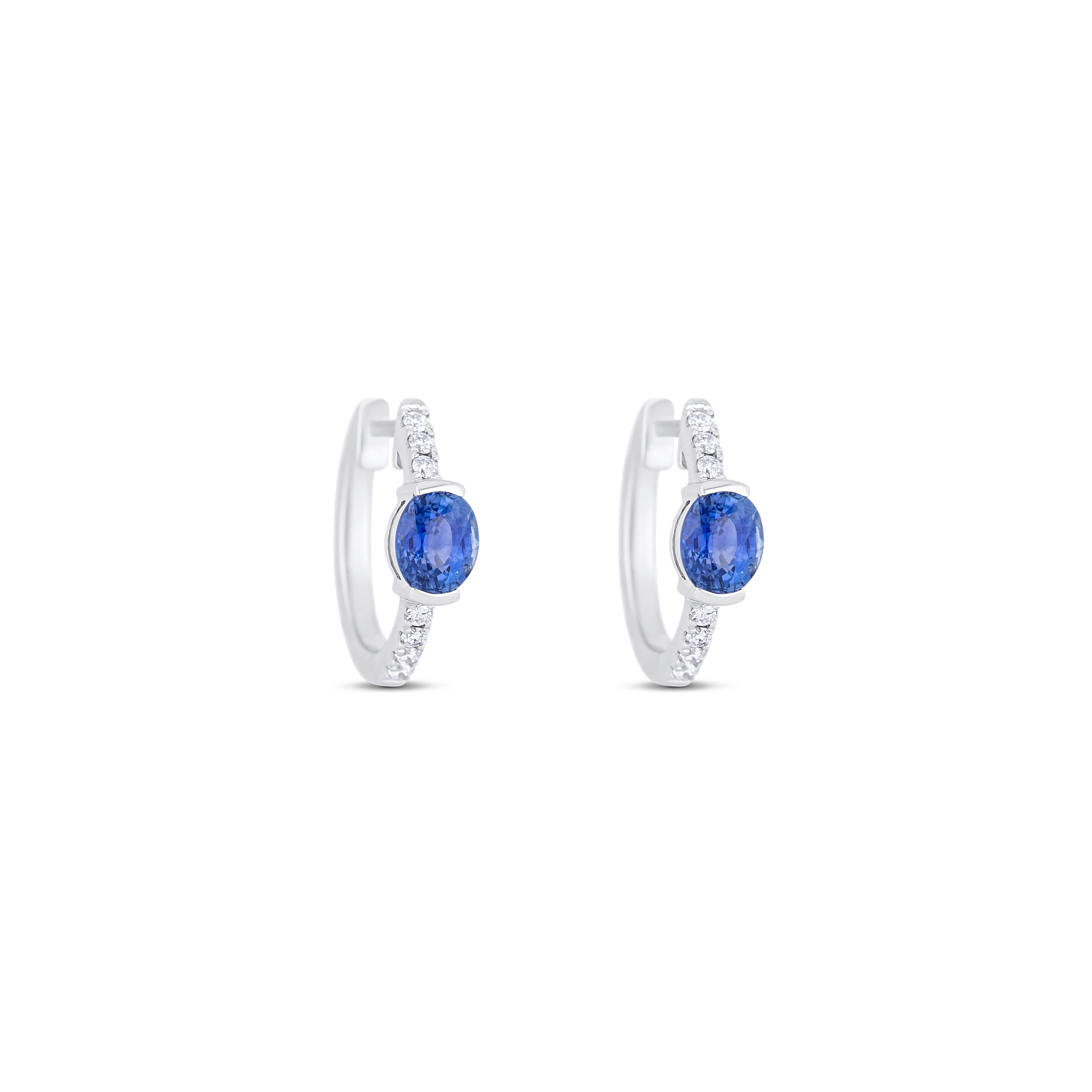 14K White Gold Sapphire & Round Diamond Hoop Earrings - Image 3