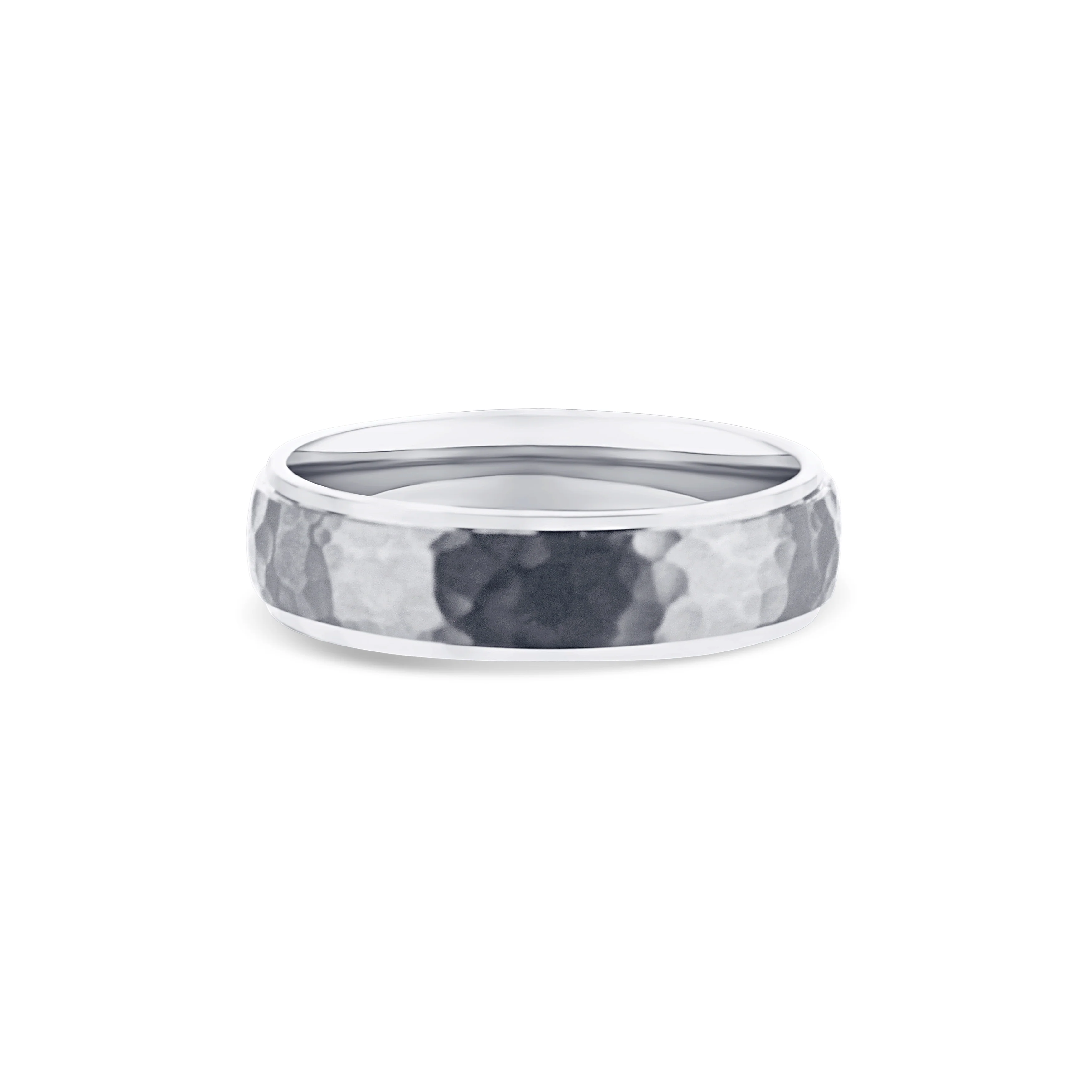 14K White Gold Satin Finish Hammered Rolled Edge Low Dome Wedding Band 6mm - Image 2