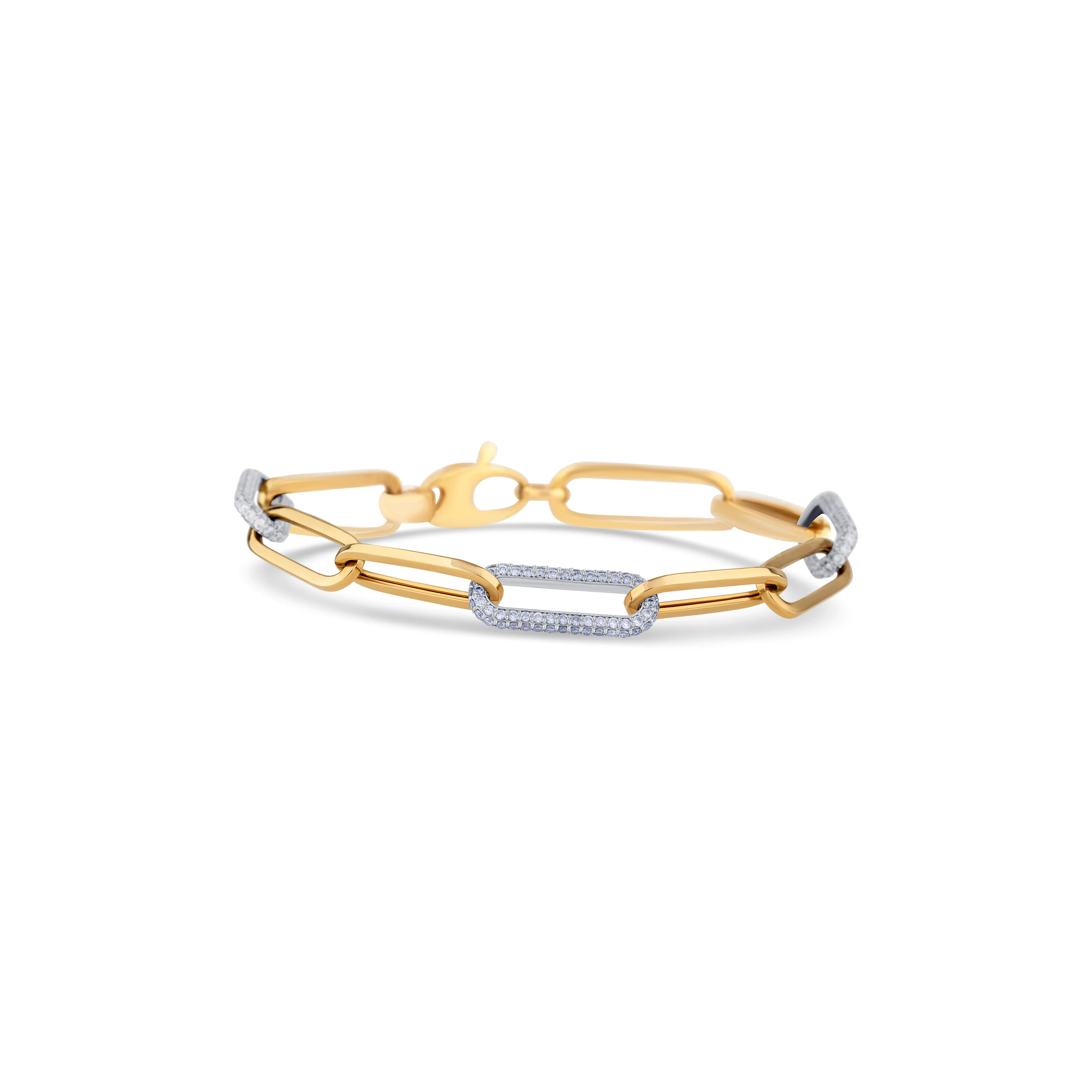 14K Yellow Gold 3 Round Cut Diamond Links Paper Clip Bracelet