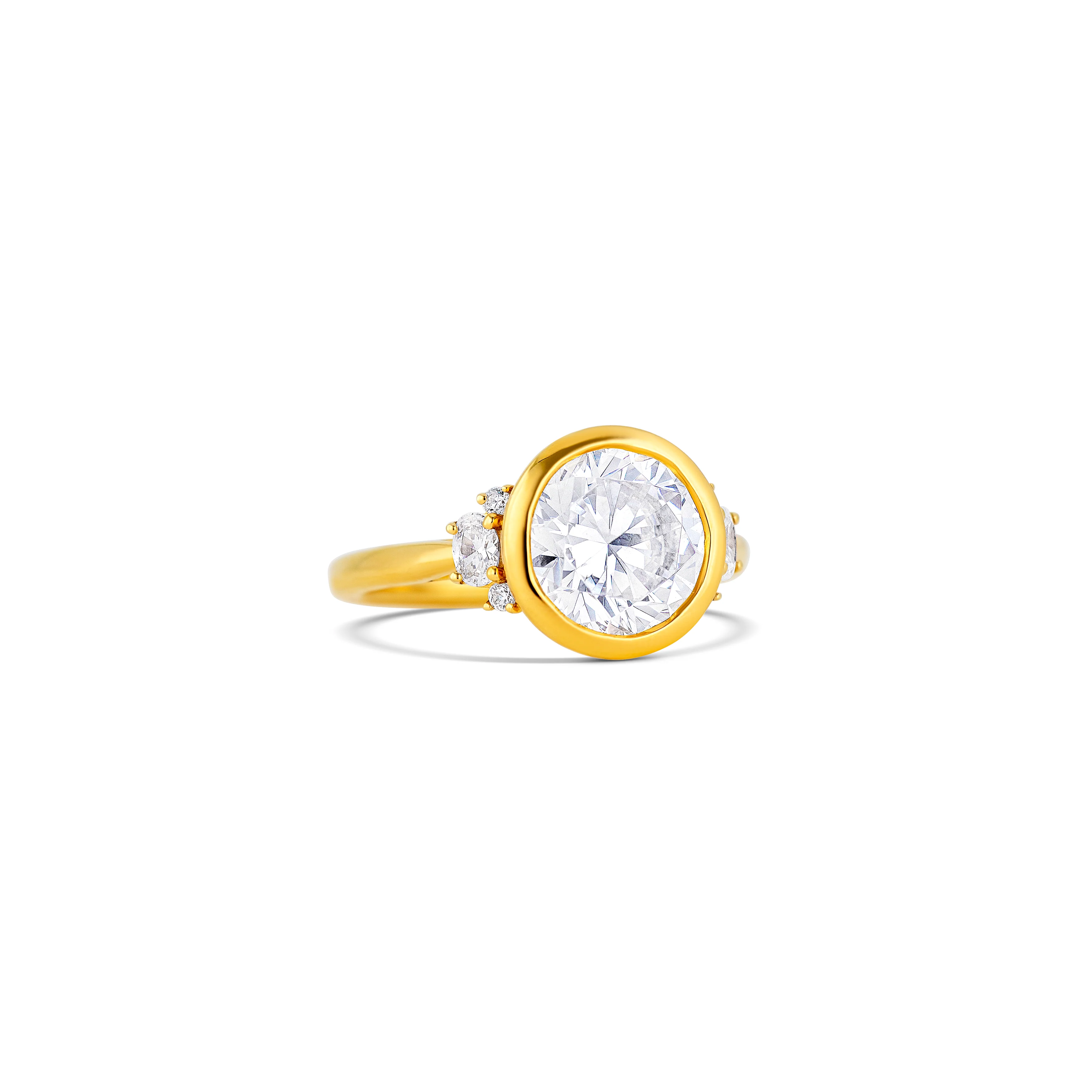 14K Yellow Gold Bezel Set Oval Diamond Multi-Stone Engagement Ring Setting - Image 3