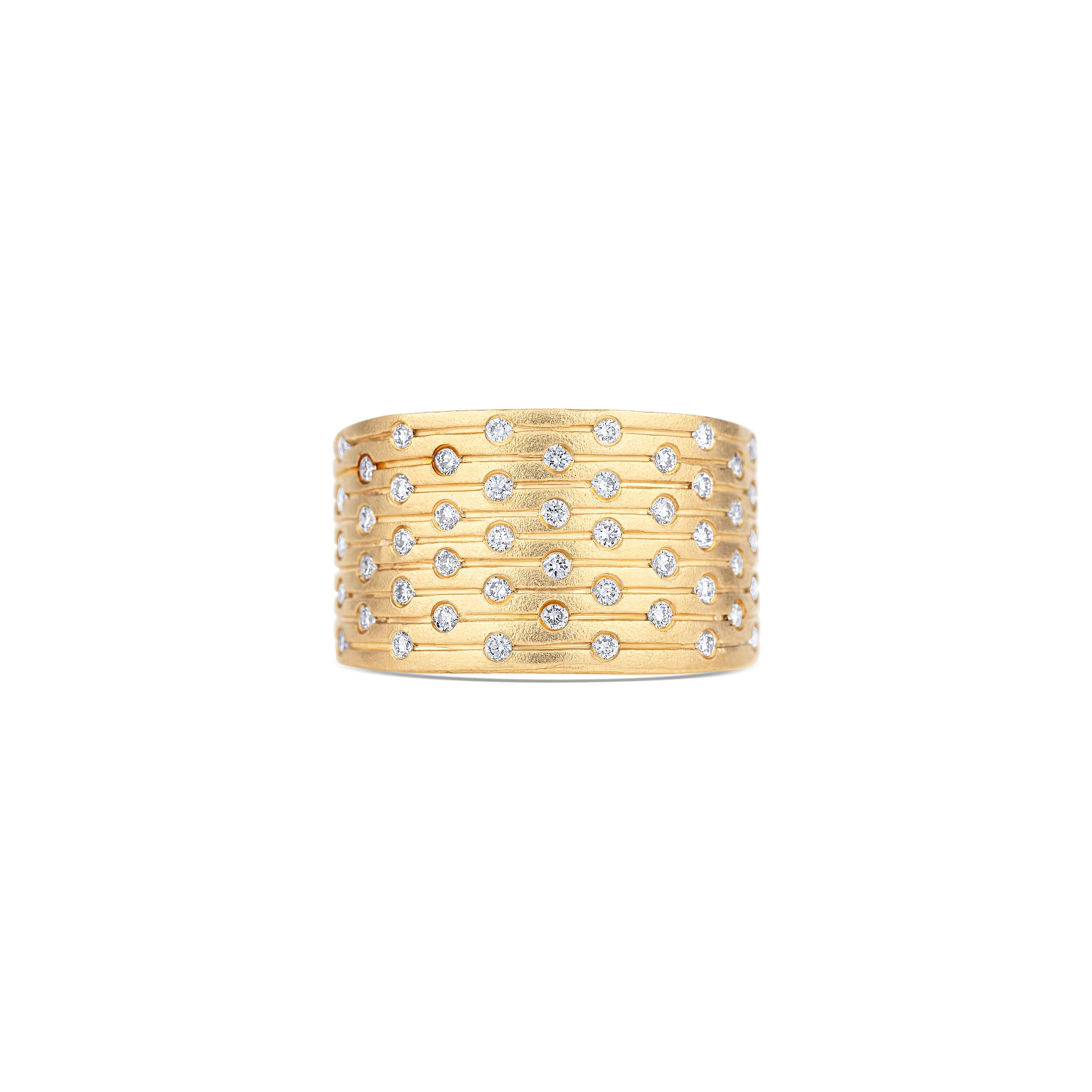 14K Yellow Gold Inlaid Round Brilliant Diamond Wide Band