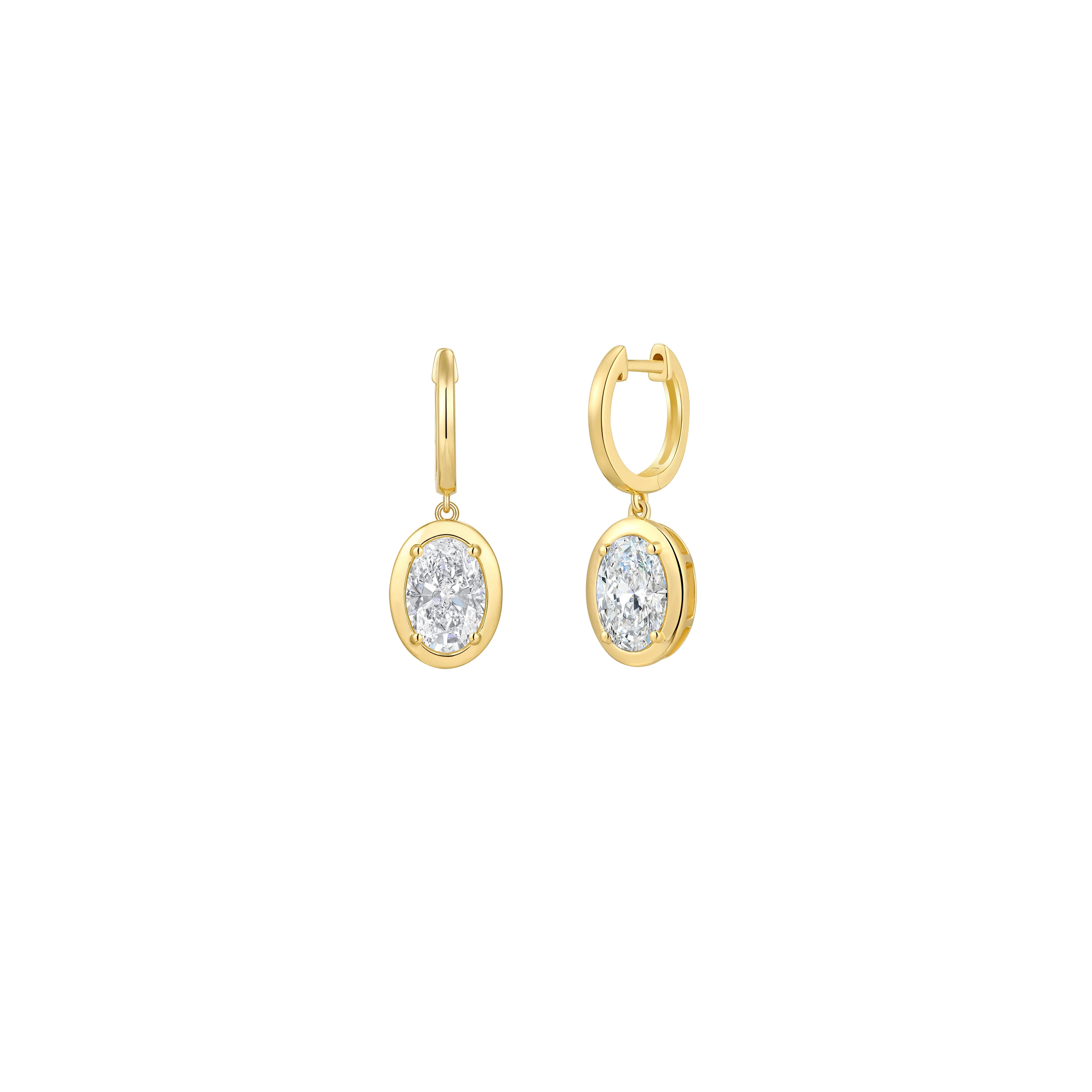 14k Yellow Gold Lab Grown Oval Diamond Bezel Set Huggie Drop Earrings