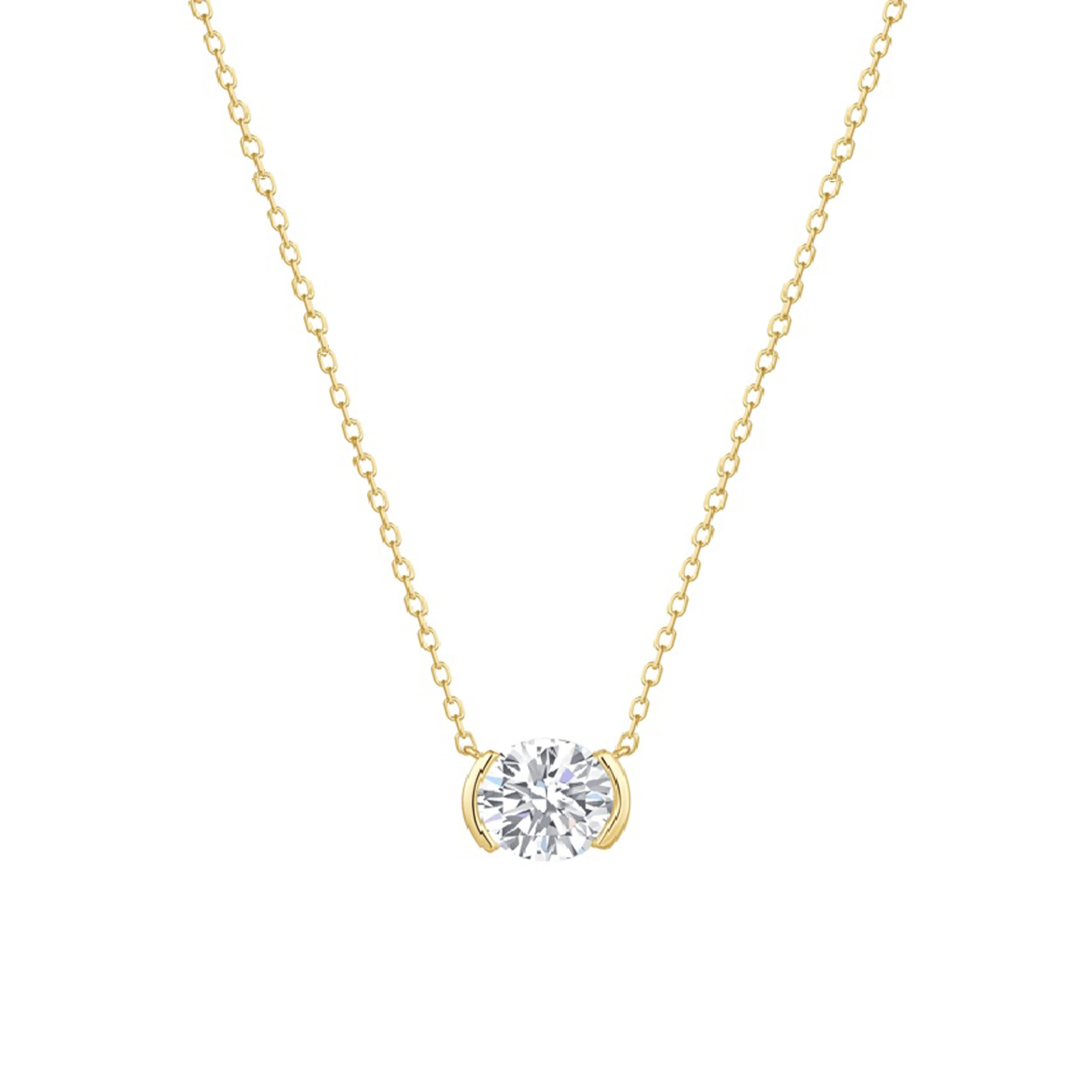 14k Yellow Gold Lab Grown Oval Diamond Half Bezel Solitaire Necklace
