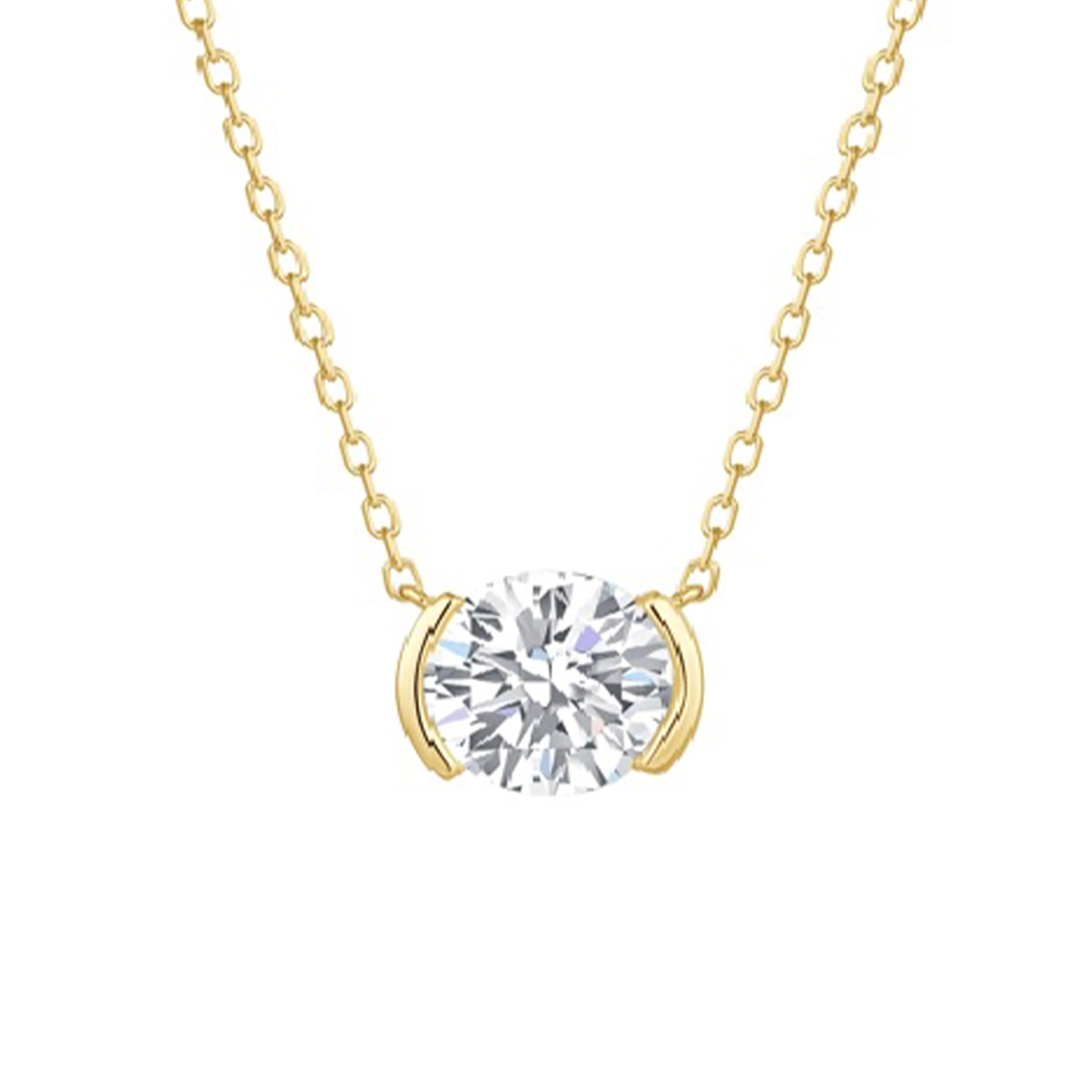 14k Yellow Gold Lab Grown Oval Diamond Half Bezel Solitaire Necklace - Image 2
