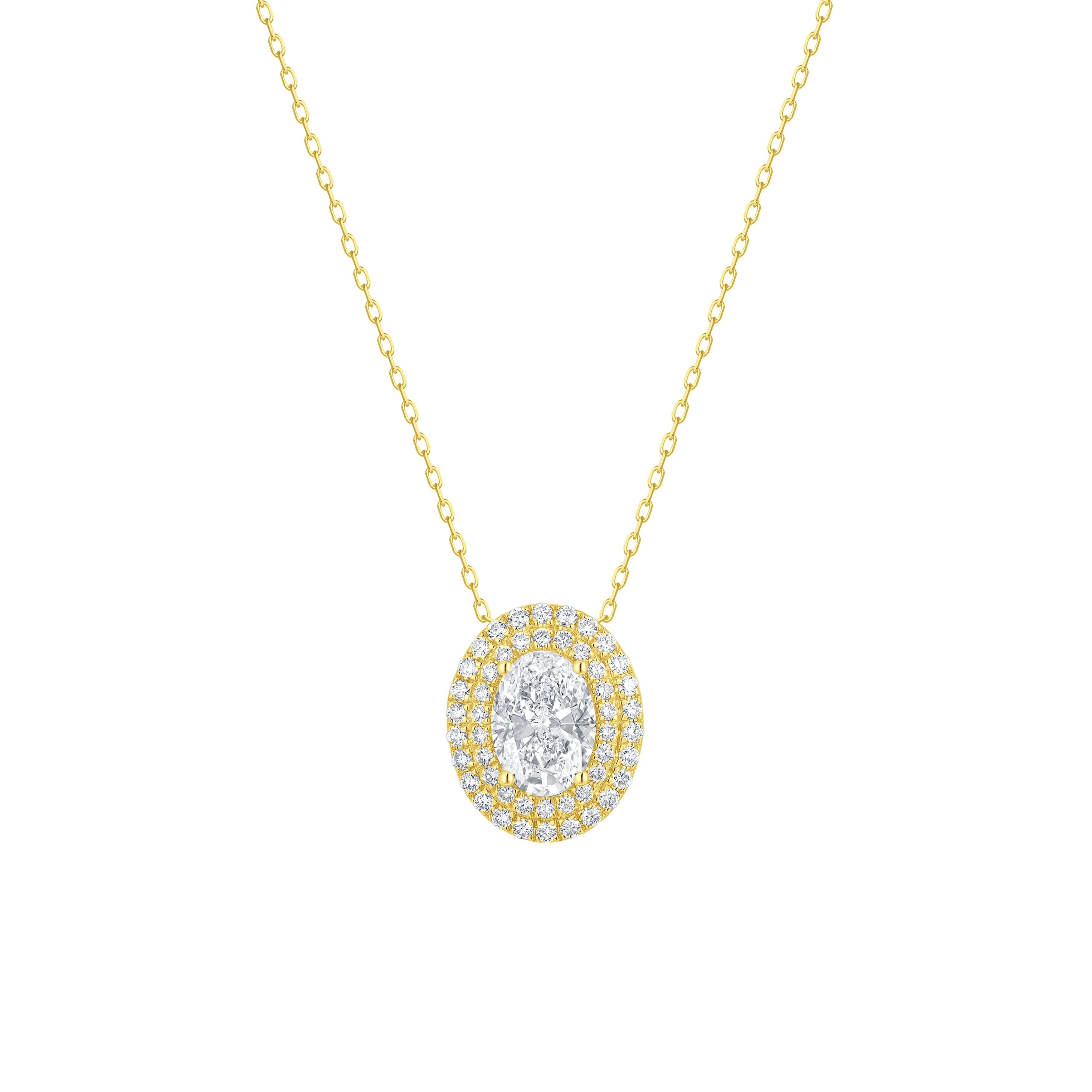 14k Yellow Gold Lab Grown Oval Diamond Halo Pendant with Chain