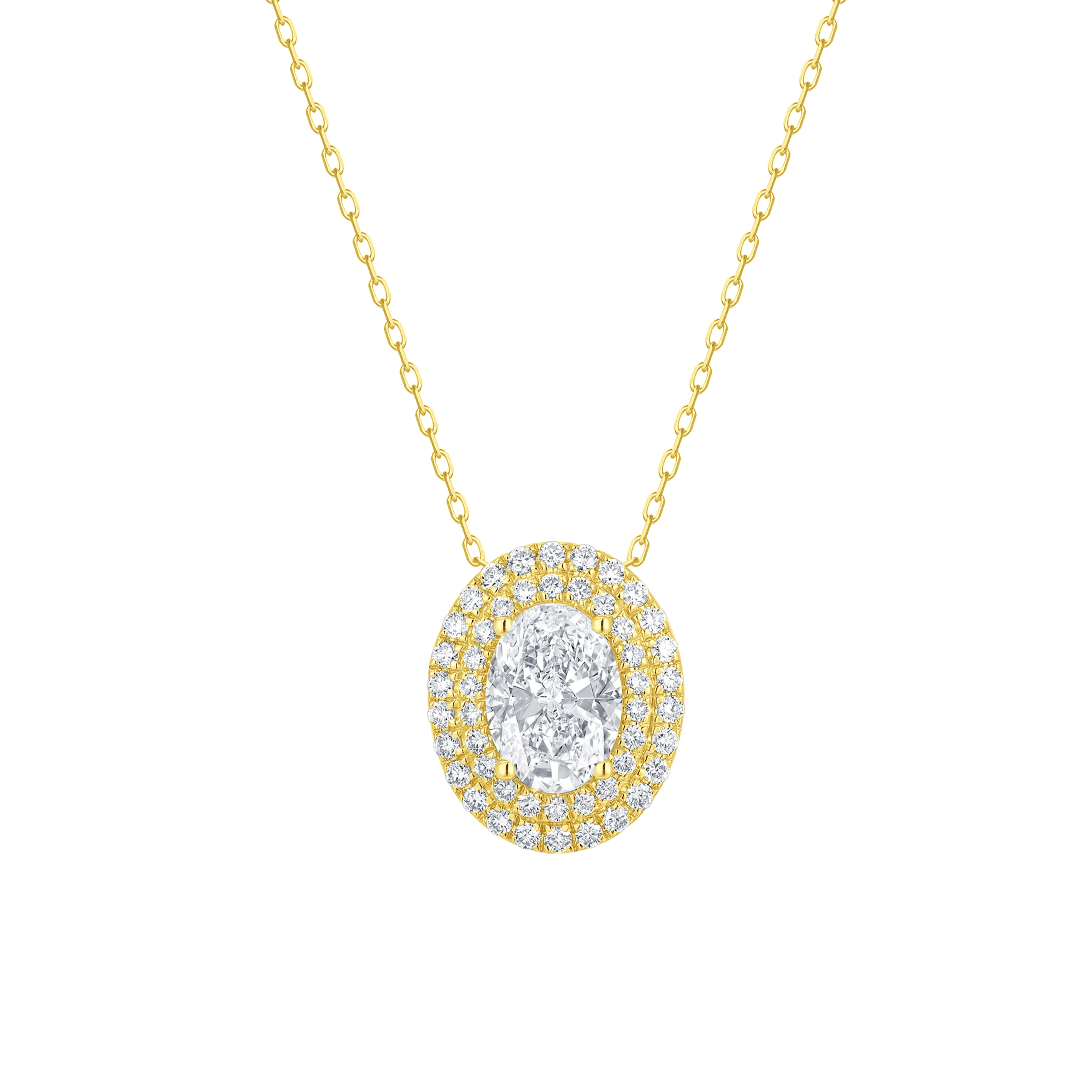 14k Yellow Gold Lab Grown Oval Diamond Halo Pendant with Chain - Image 2