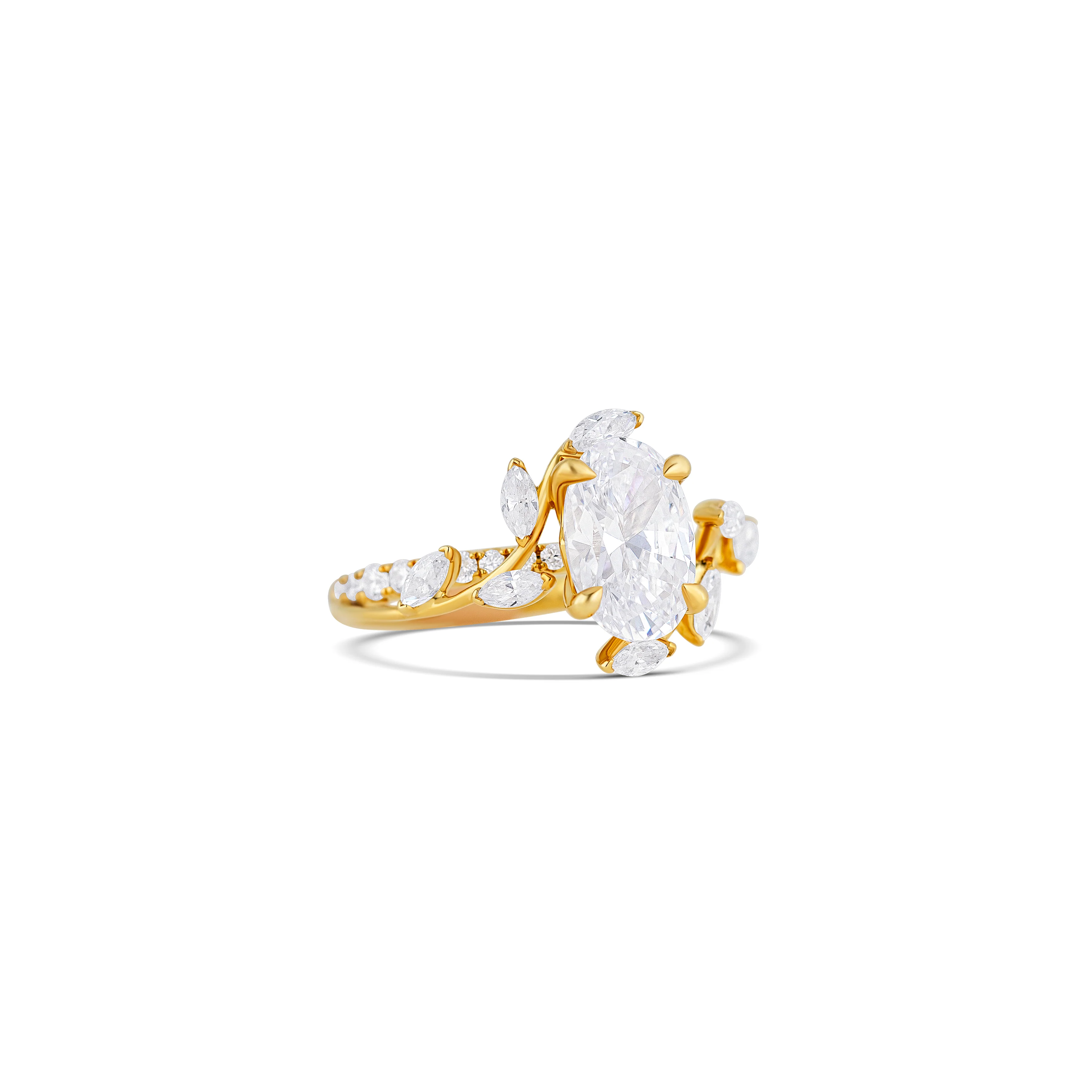 14K Yellow Gold Marquise and Round Diamond Branch Motif Engagement Ring Setting - Image 3