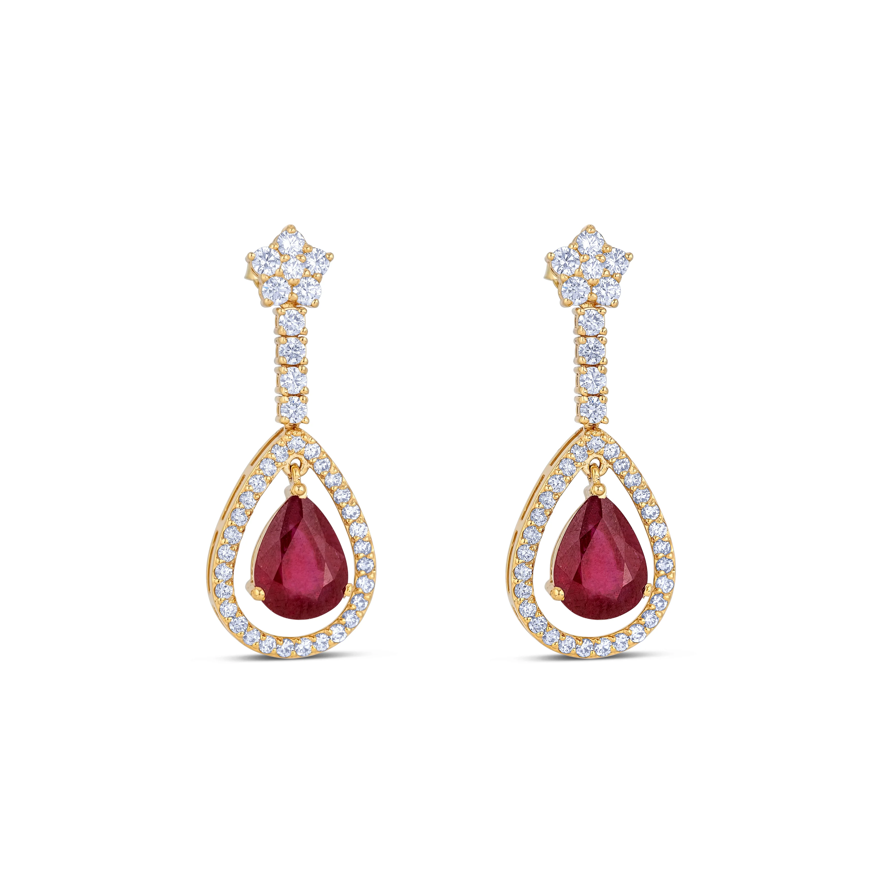 14K Yellow Gold Pear Cut Rubies with Round Diamond Halo Drop Earrings - Image 3