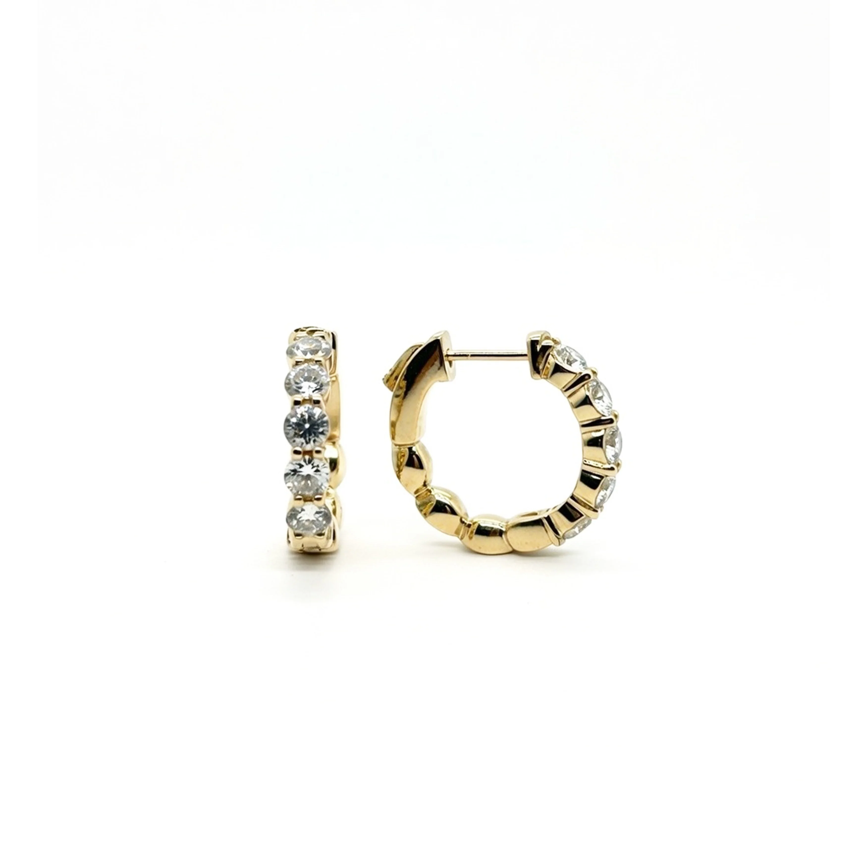 14K Yellow Gold Round Brilliant Diamond Shared Prong Huggie Earrings
