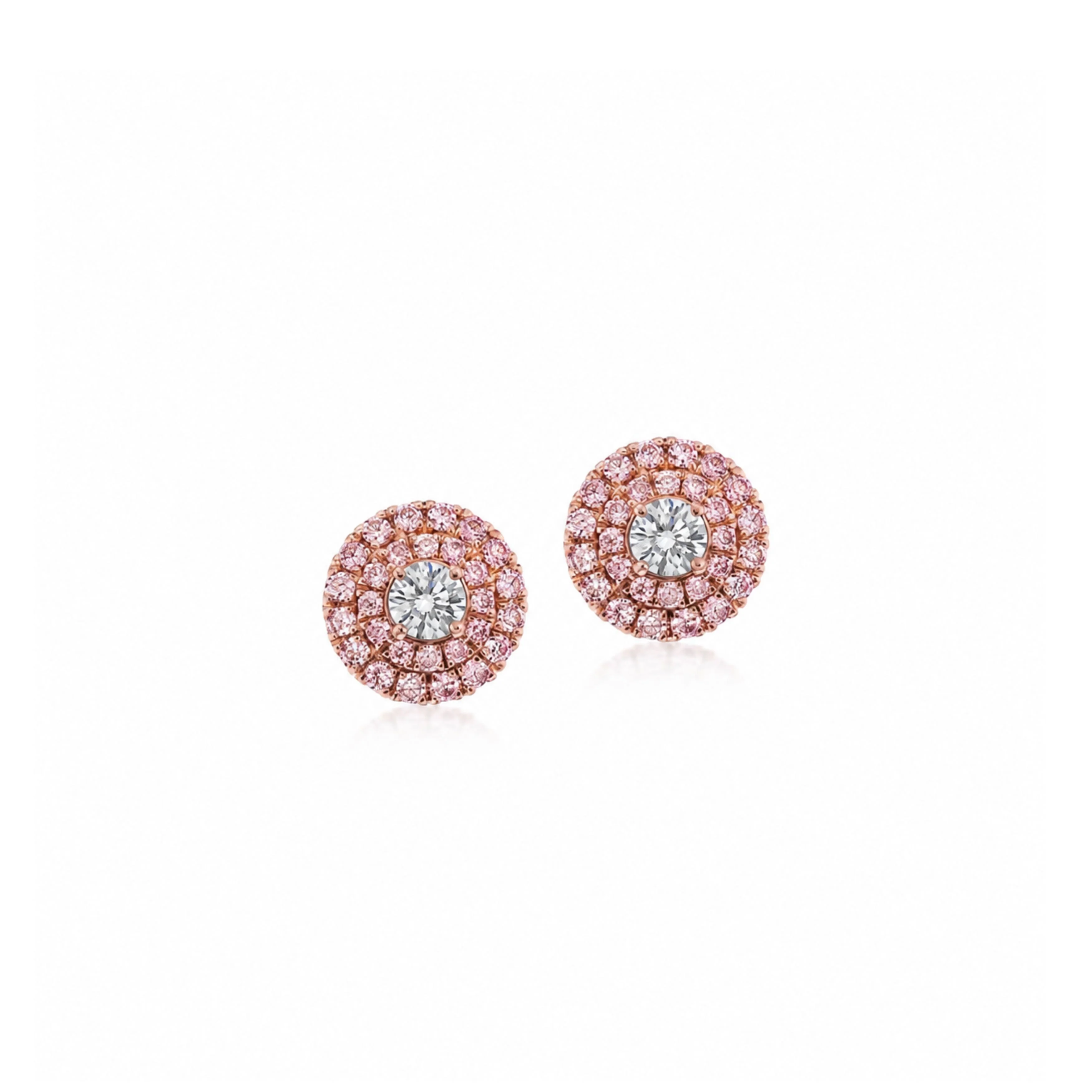 18k Rose Gold Blue and Pink Diamond Double Halo Earrings