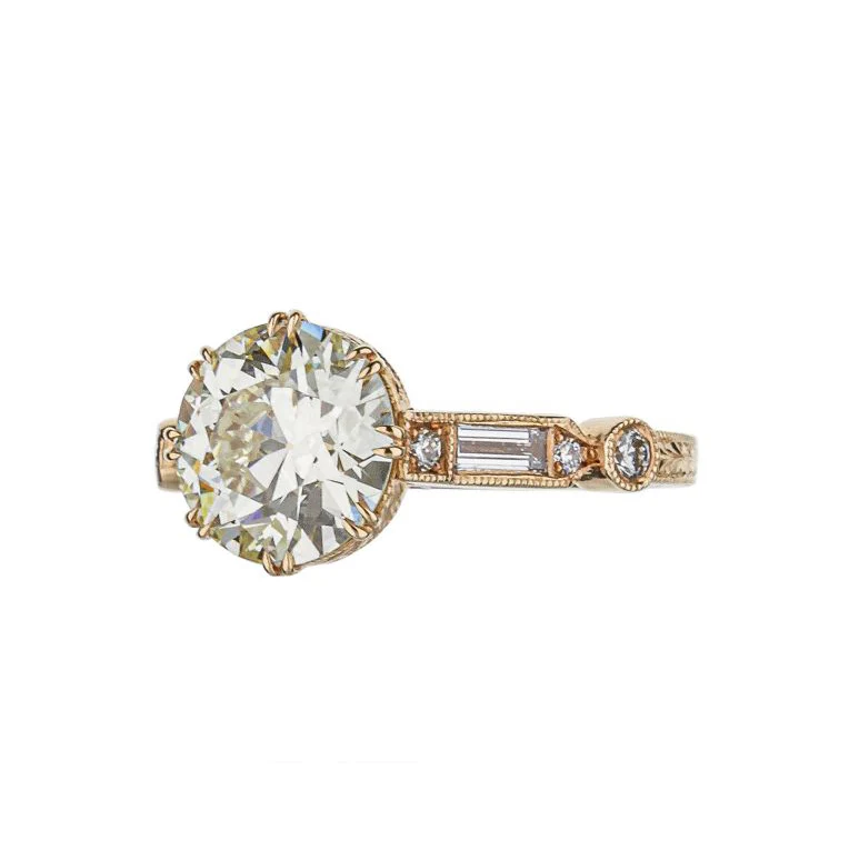 18K Rose Gold Brilliant Round Diamond Hand Engraved Engagement Ring - Image 2