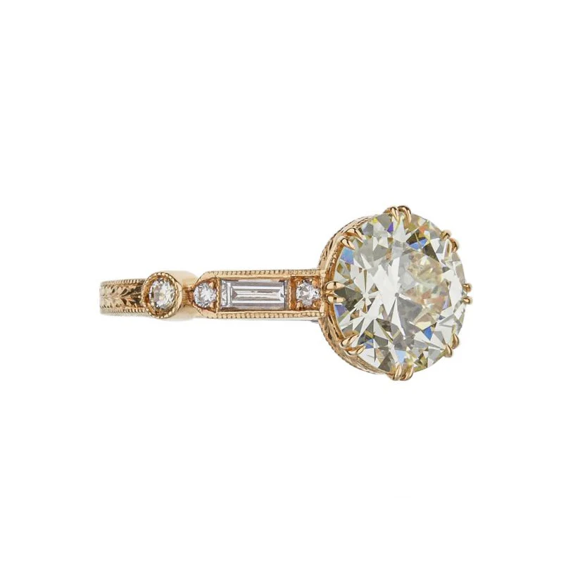 18K Rose Gold Brilliant Round Diamond Hand Engraved Engagement Ring - Image 3
