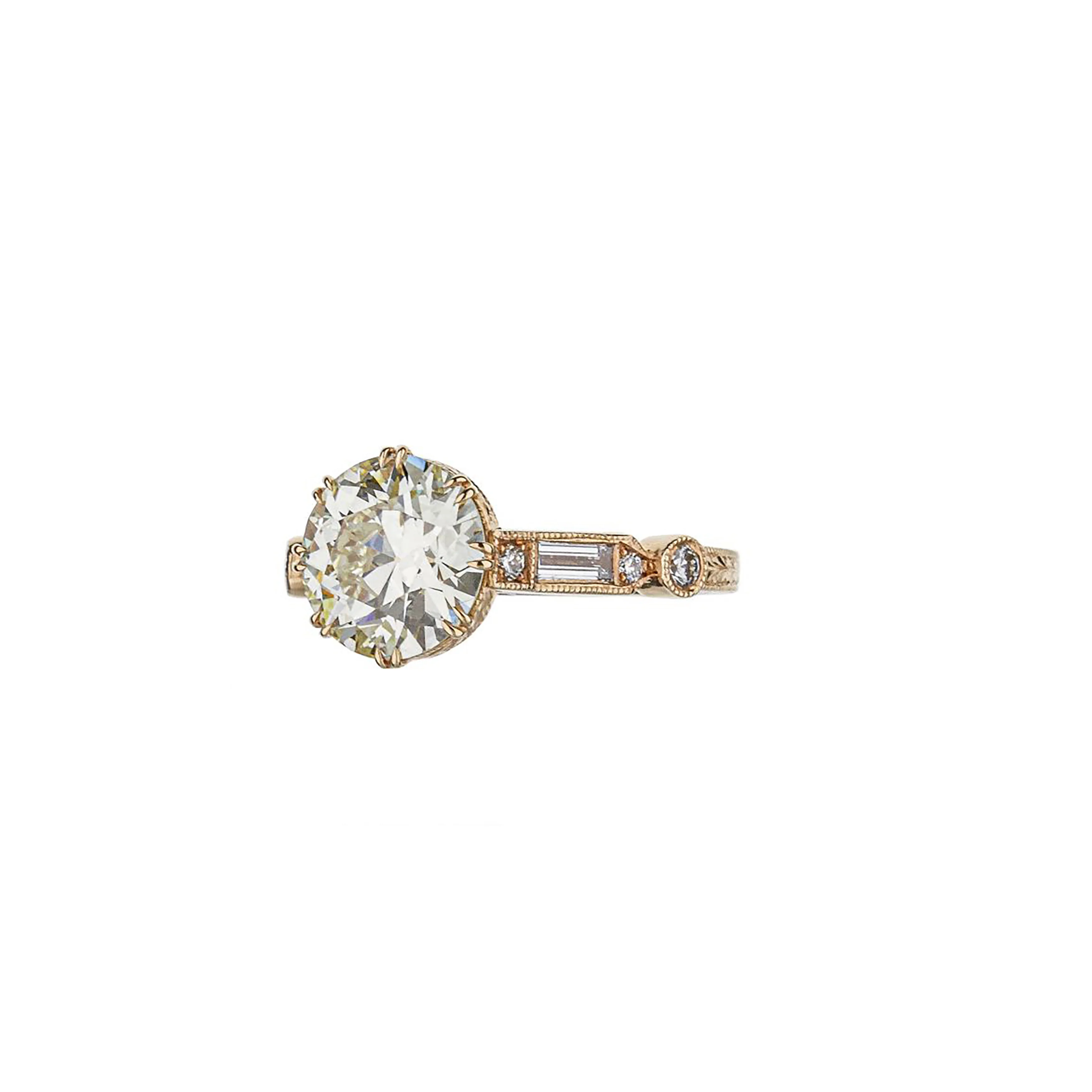 18K Rose Gold Brilliant Round Diamond Hand Engraved Engagement Ring - Image 9
