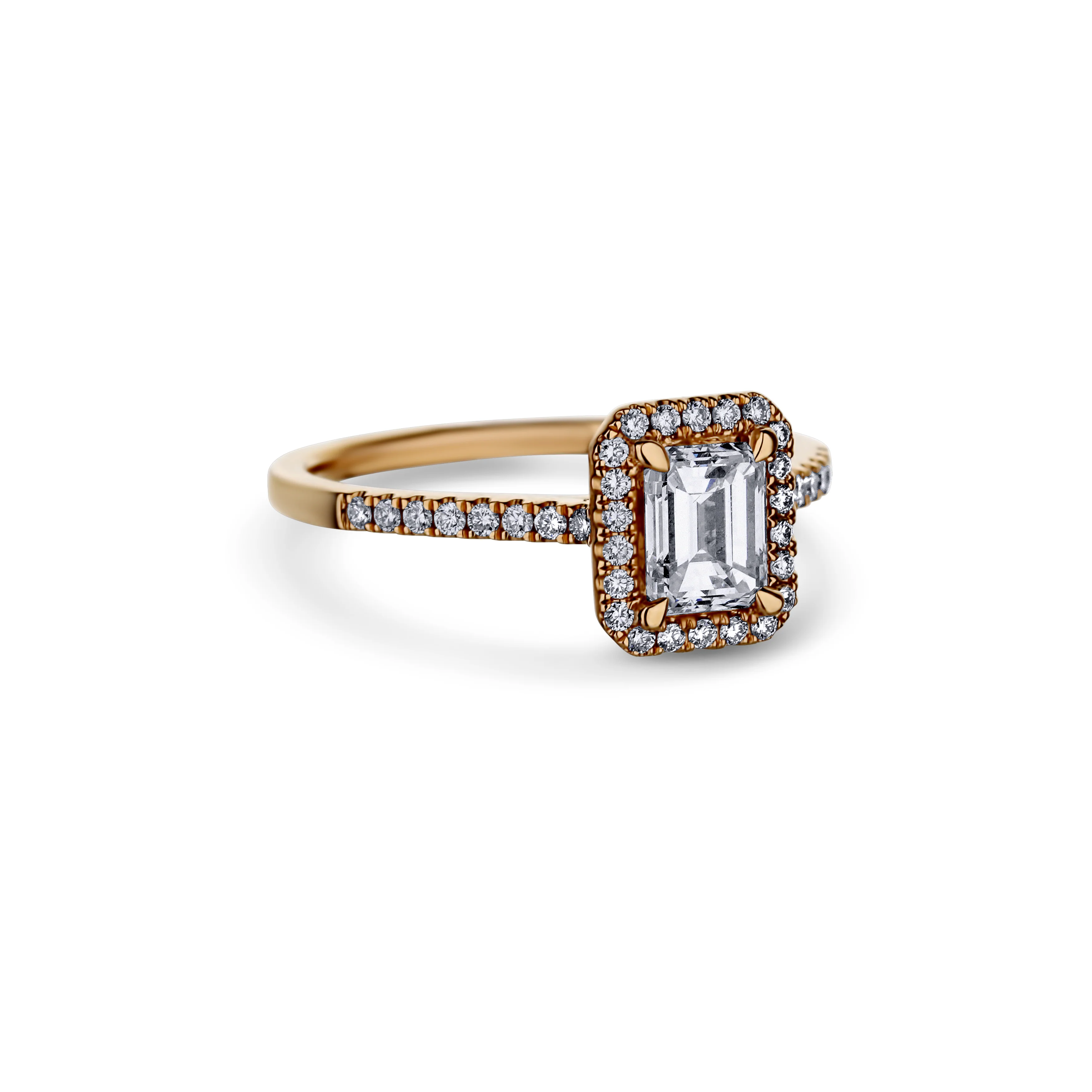 18K Rose Gold With A 0.77 Carat Emerald Cut Diamond Ring With Halo - Image 3