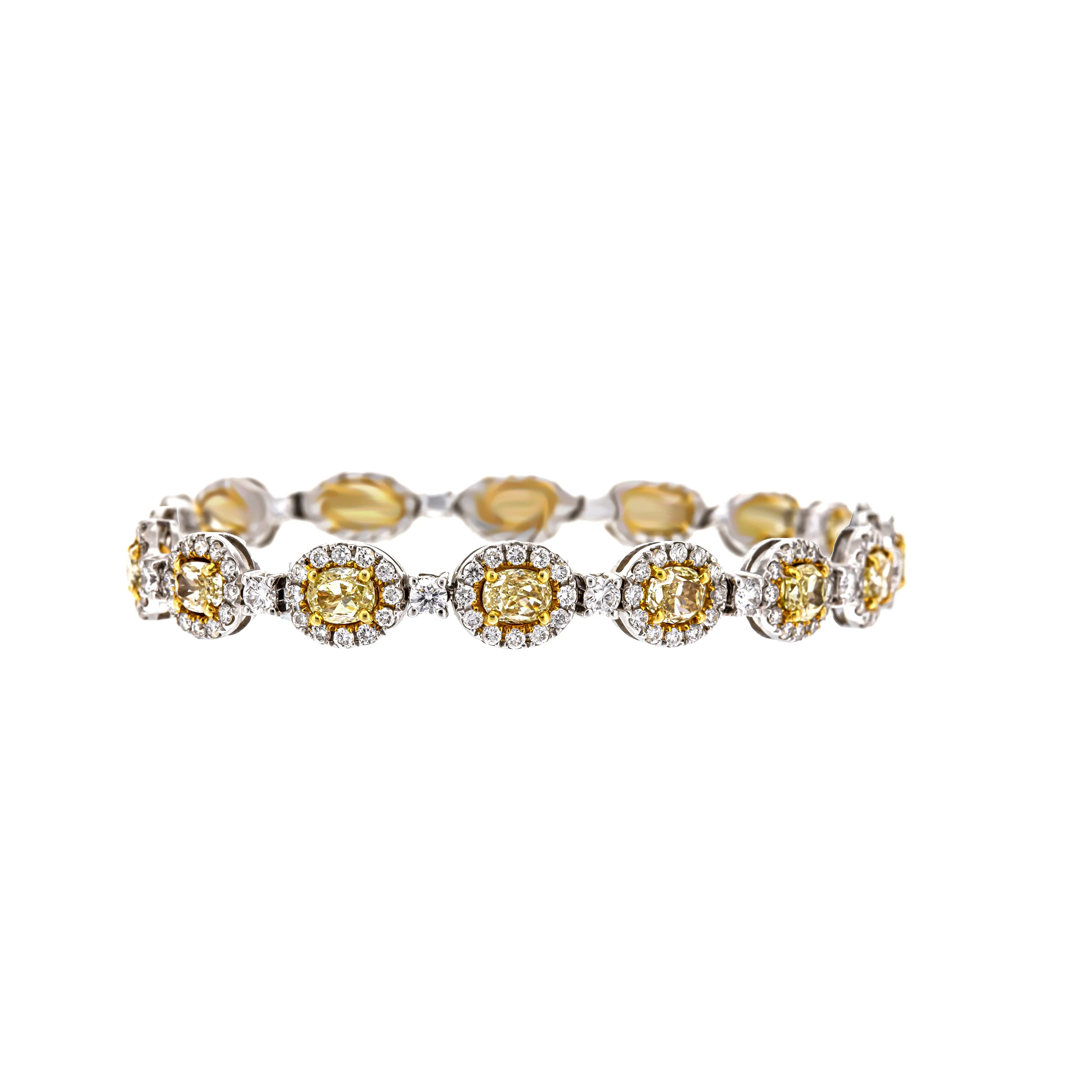 18K Two-Tone Oval Tennis Bracelet With 16 Yellow Diamonds Halo Style - Image 2